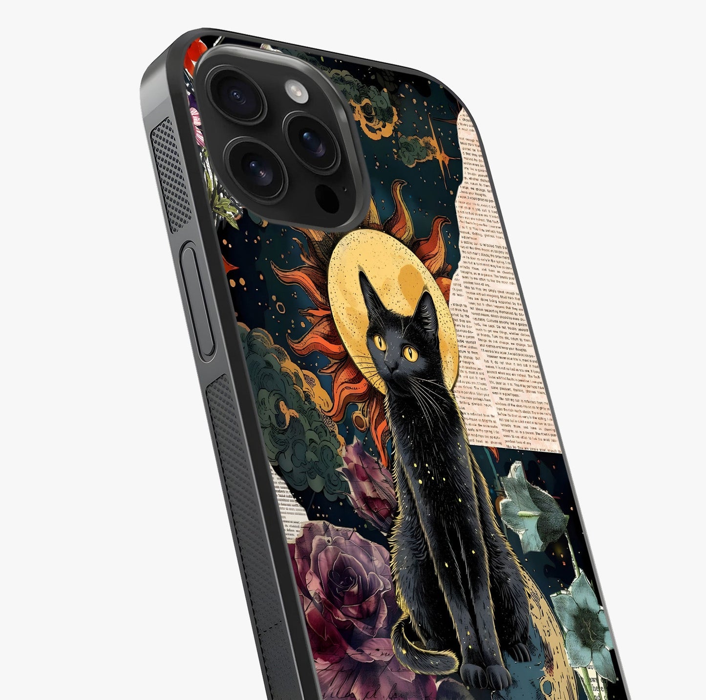 Celestial Black Cat Glass Case captured at a warm angle highlighting gloss, texture and premium glass finish.