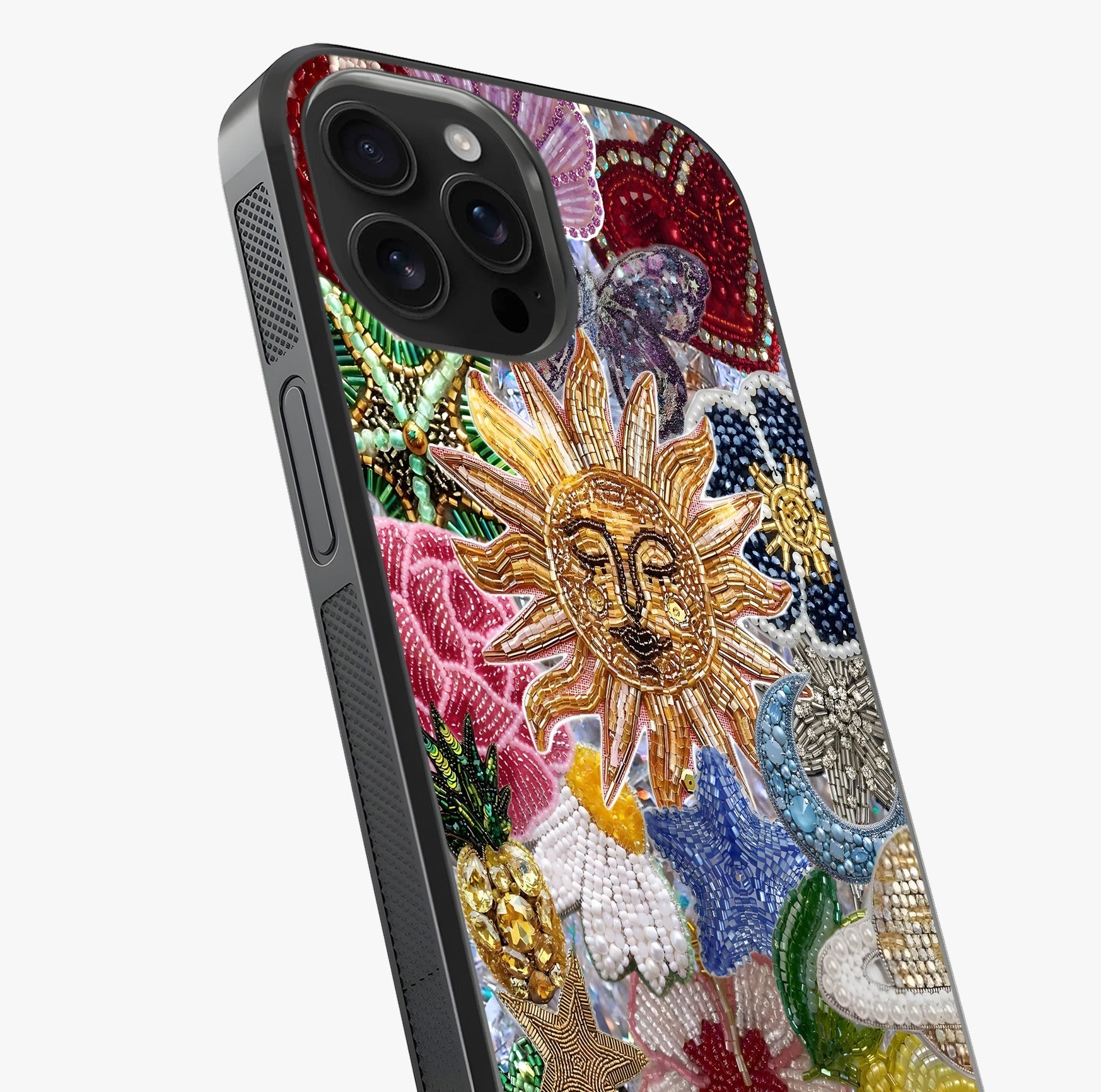 Celestial Floral And Playful Glass Case captured at a warm angle highlighting gloss, texture and premium glass finish.