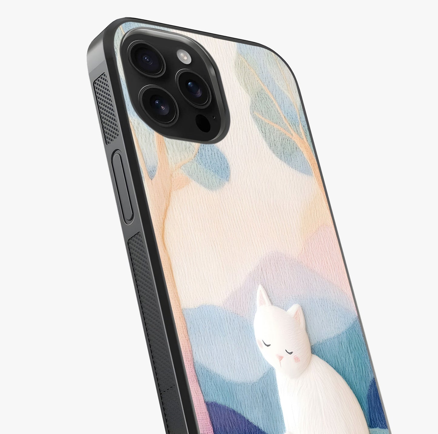 Cotton Dream Cat Glass Case captured at a warm angle highlighting gloss, texture and premium glass finish.