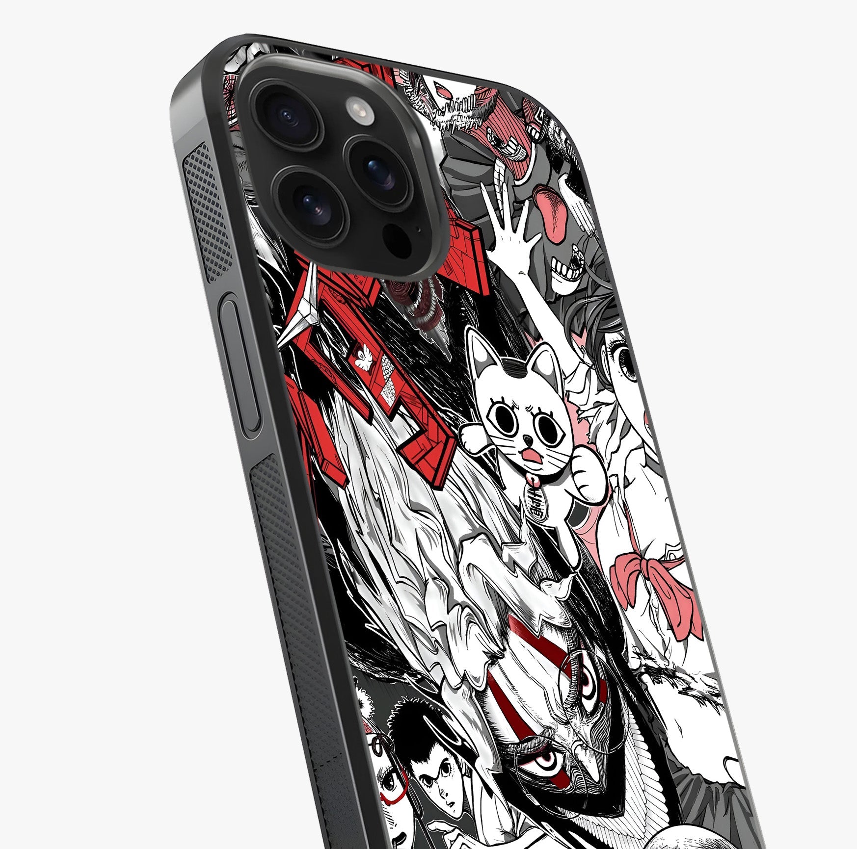 Crimson Chaos Panel Glass Case captured at a warm angle highlighting gloss, texture and premium glass finish.