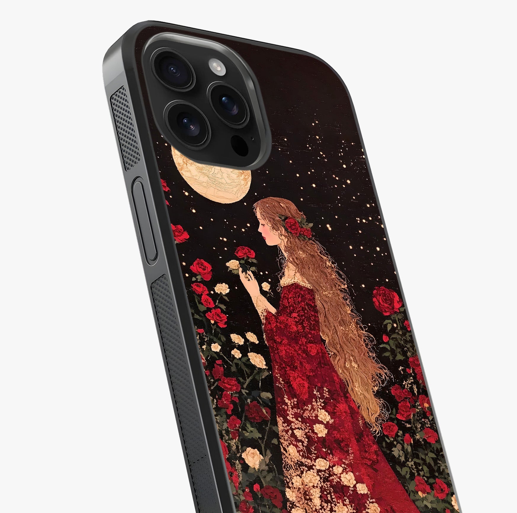 Crimson Dreams Glass Case captured at a warm angle highlighting gloss, texture and premium glass finish.