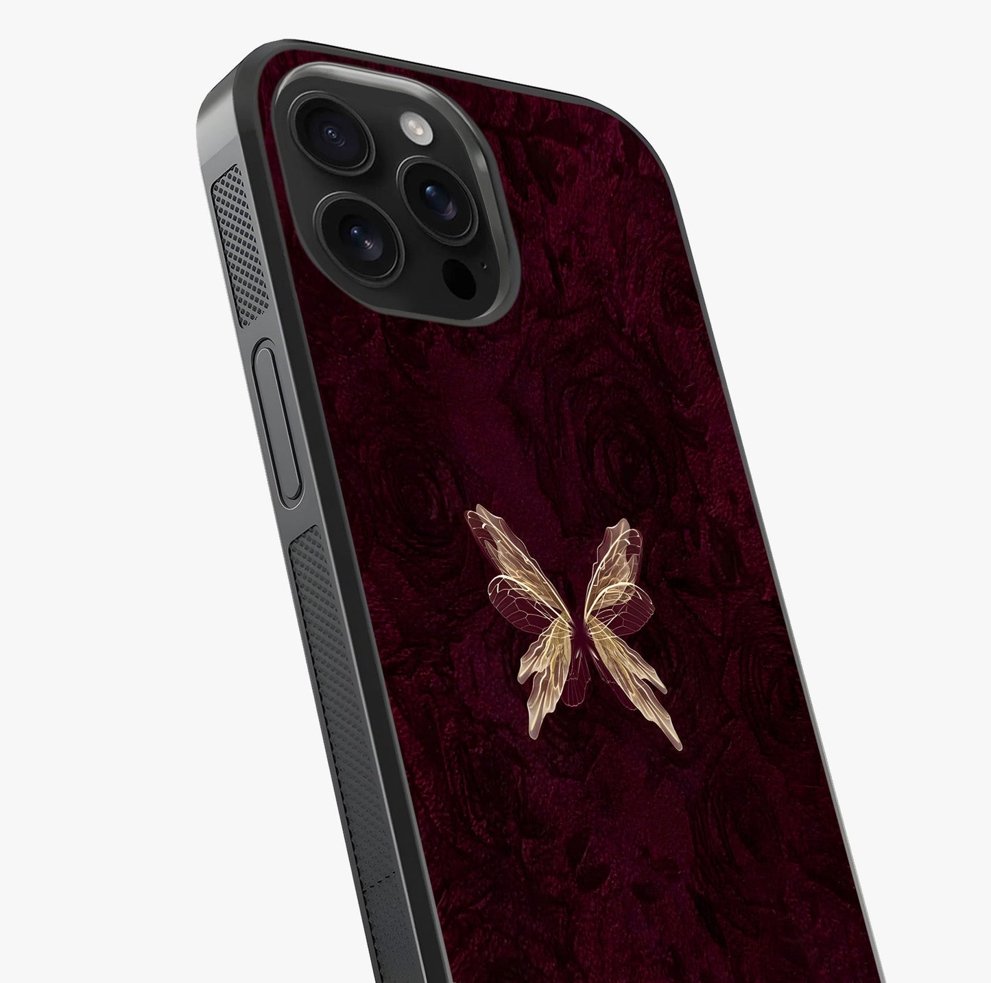 Crimson Fade Butterfly Glass Case captured at a warm angle highlighting gloss, texture and premium glass finish.