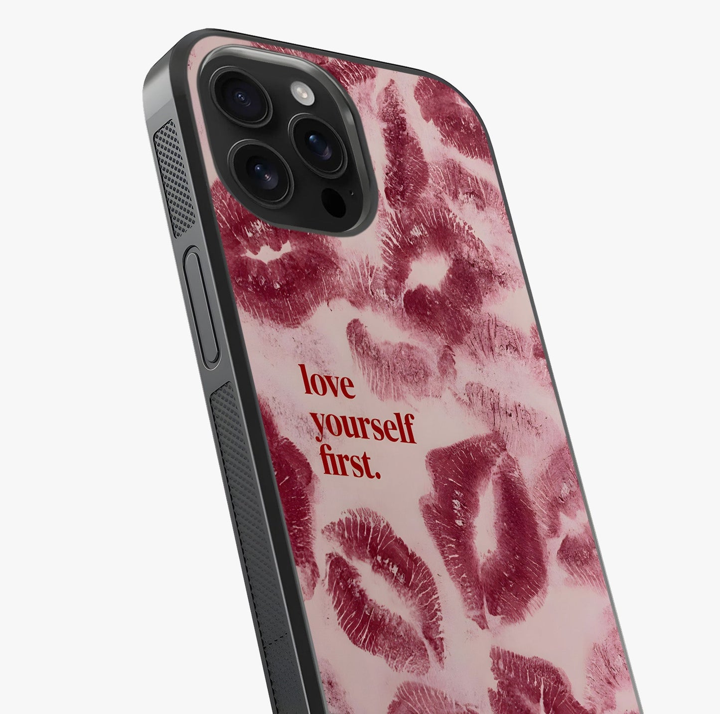 Crimson Kiss Love Glass Case captured at a warm angle highlighting gloss, texture and premium glass finish.