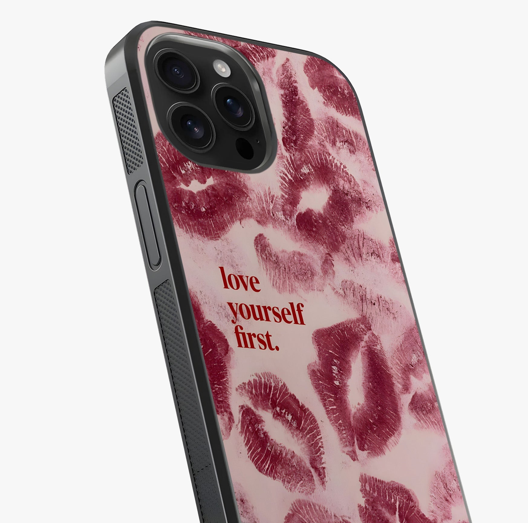 Crimson Kiss Love Glass Case captured at a warm angle highlighting gloss, texture and premium glass finish.