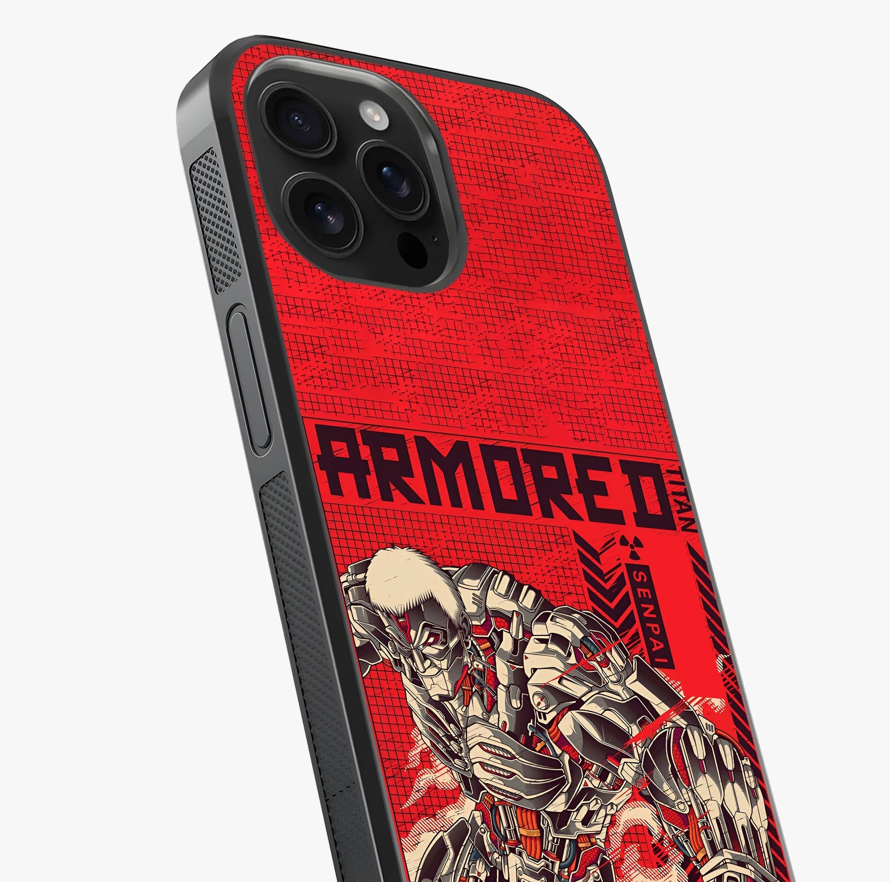 Crimson Mecha Titan Glass Case captured at a warm angle highlighting gloss, texture and premium glass finish.