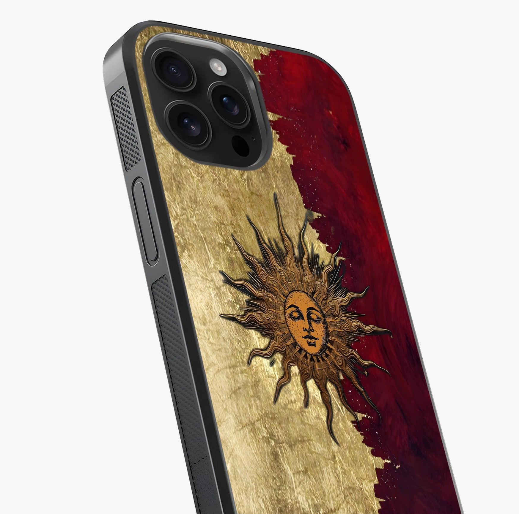 Crimson Sun Majesty Glass Case captured at a warm angle highlighting gloss, texture and premium glass finish.