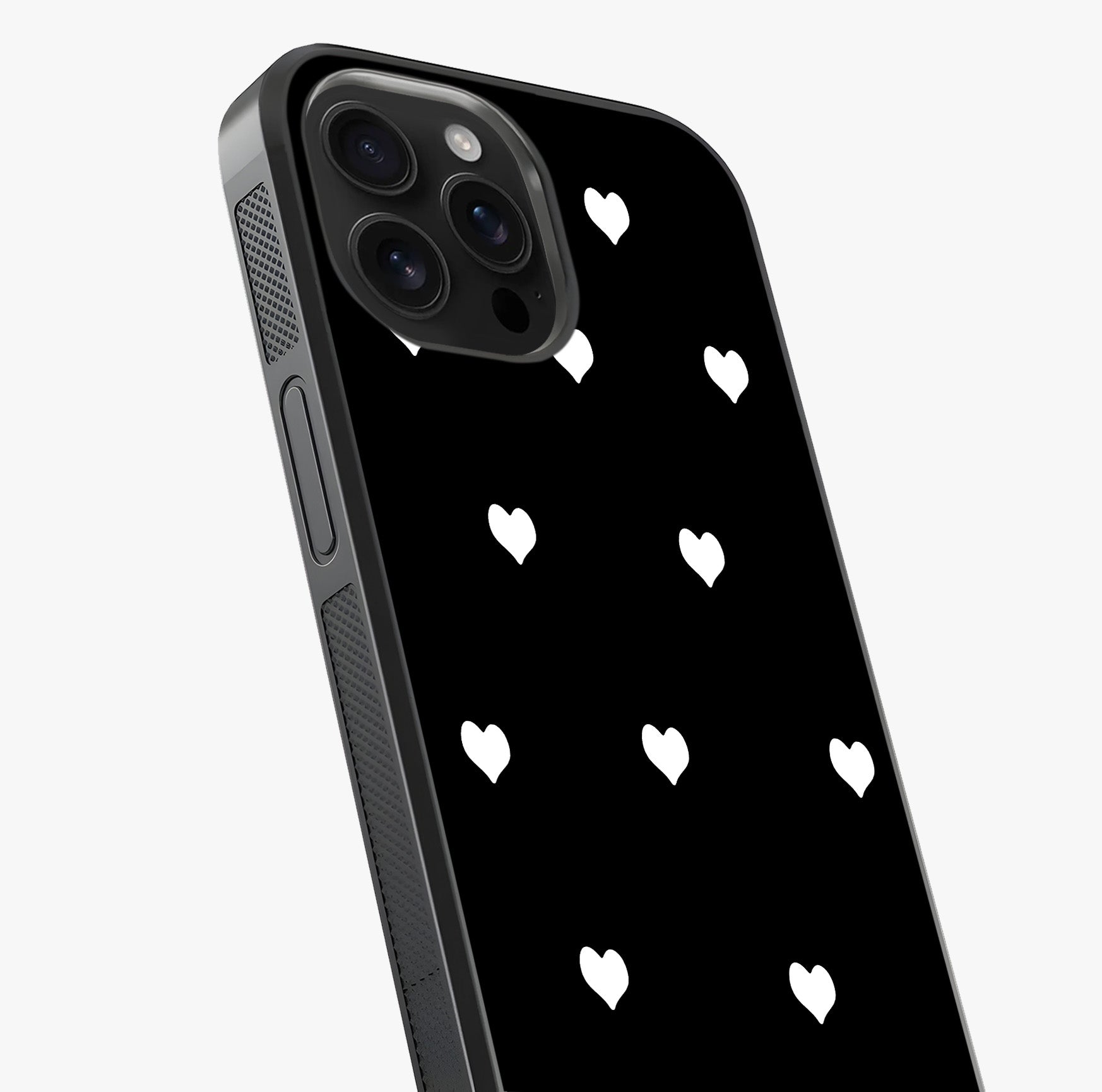 Cute And Simple White Hearts Glass Case captured at a warm angle highlighting gloss, texture and premium glass finish.