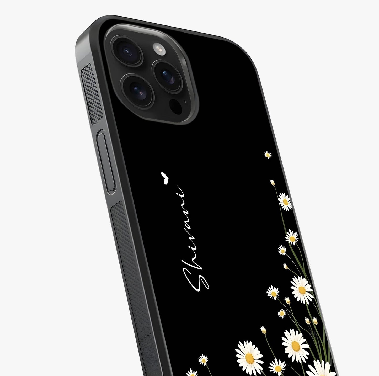 Daisy Cascade Custom Name Glass Case captured at a warm angle highlighting gloss, texture and premium glass finish.