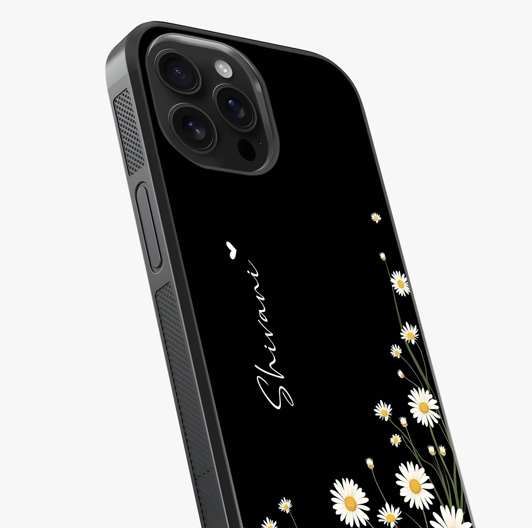 Daisy Cascade Custom Name Glass Case captured at a warm angle highlighting gloss, texture and premium glass finish.