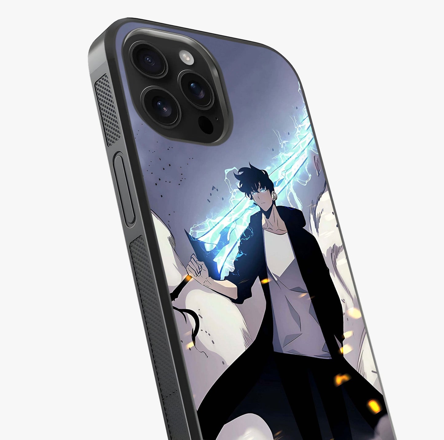 Dark Lightning Anime Warrior Glass Case captured at a warm angle highlighting gloss, texture and premium glass finish.