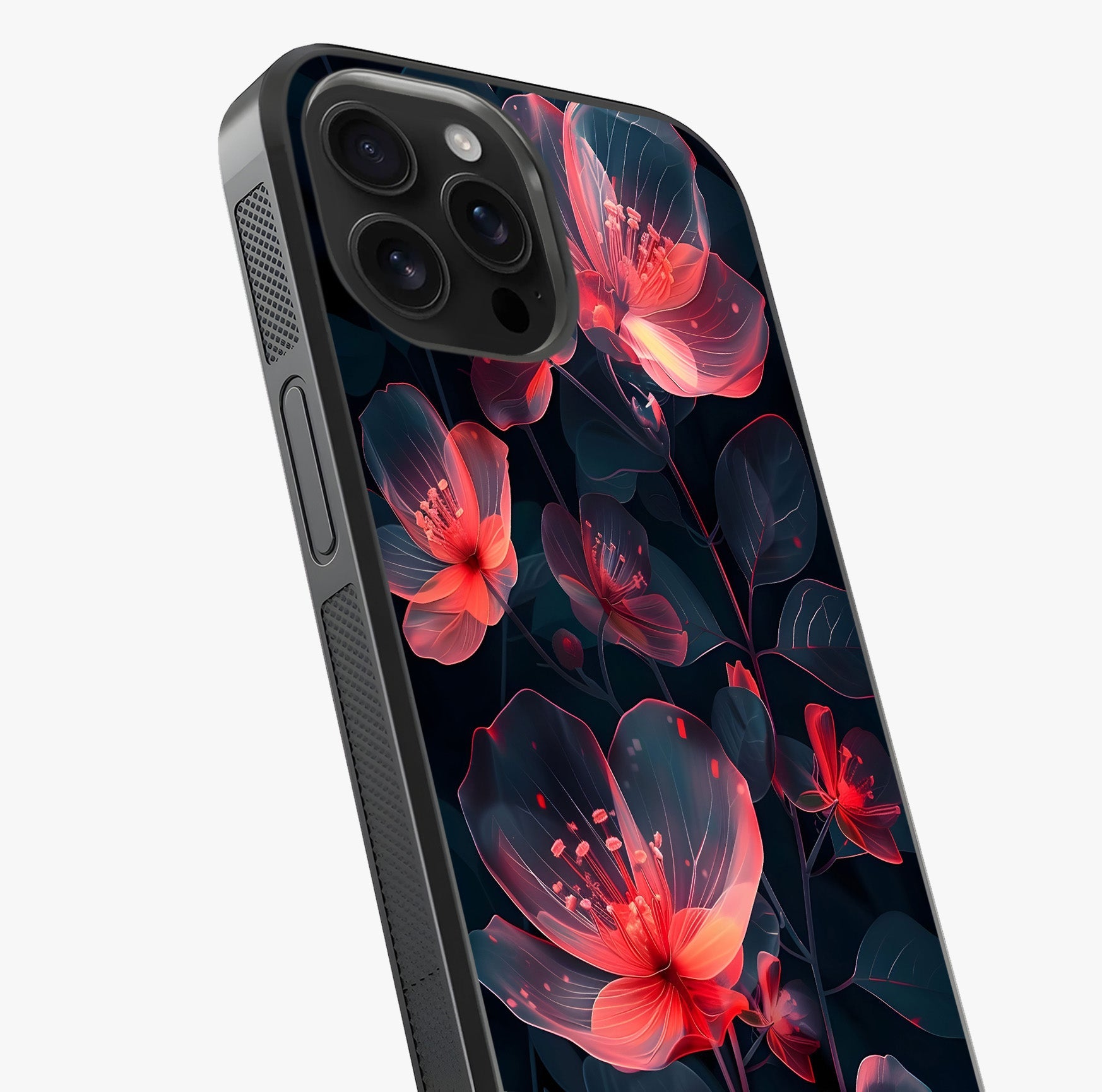 Dark Shade Of Flower Glass Case captured at a warm angle highlighting gloss, texture and premium glass finish.