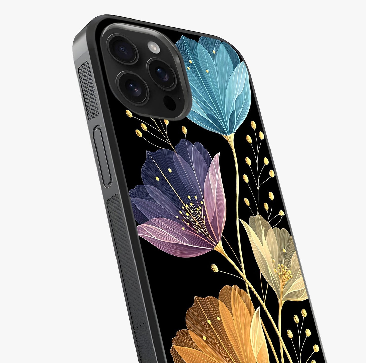 Delicate Multicolor Flowers Glass Case captured at a warm angle highlighting gloss, texture and premium glass finish.