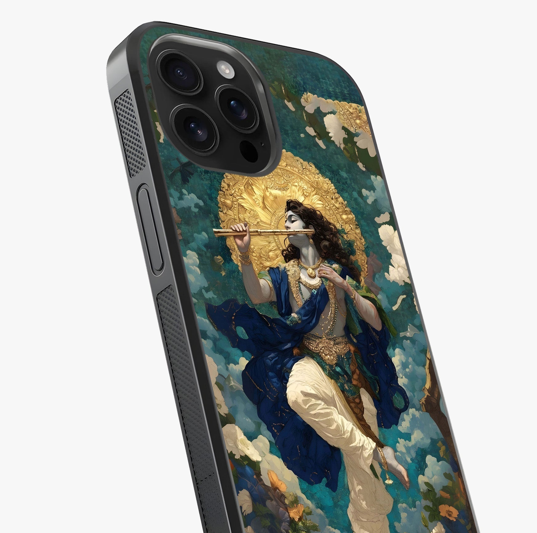 Divine Krishna Art Glass Case captured at a warm angle highlighting gloss, texture and premium glass finish.