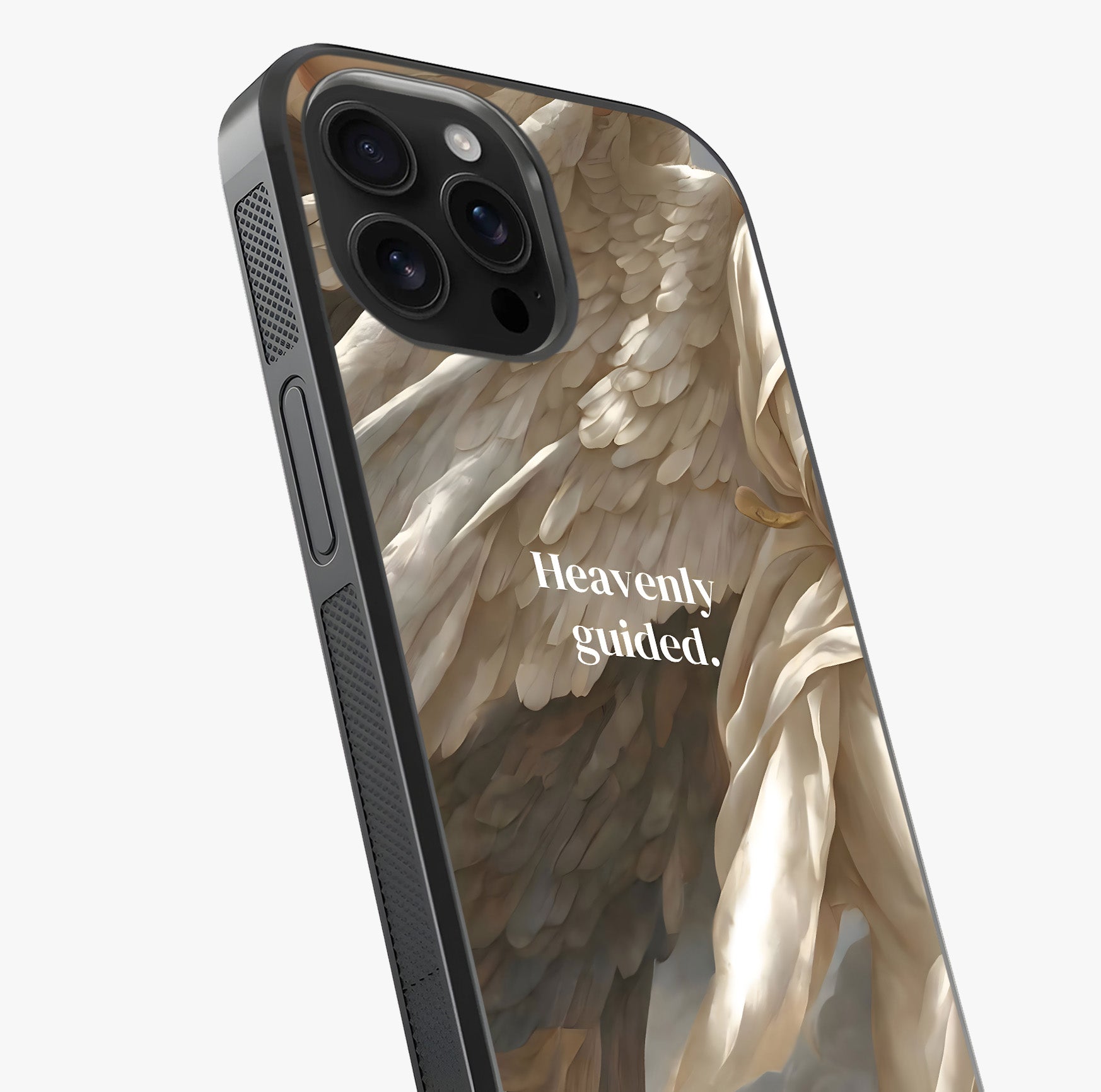Divine Winged Grace Glass Case captured at a warm angle highlighting gloss, texture and premium glass finish.