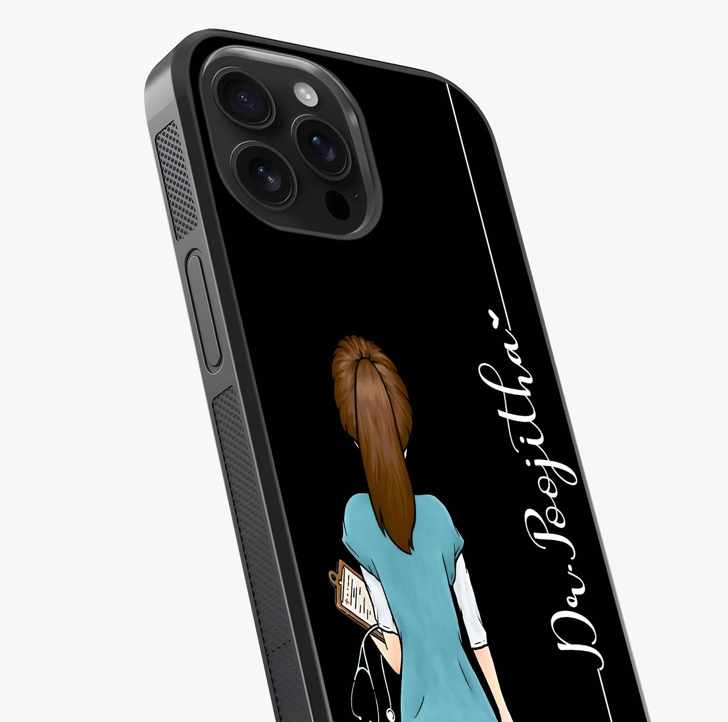 Doctor Pattern Custom Name Glass Case captured at a warm angle highlighting gloss, texture and premium glass finish.