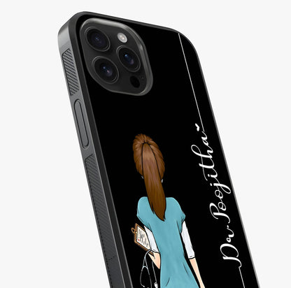 Doctor Pattern Custom Name Glass Case captured at a warm angle highlighting gloss, texture and premium glass finish.