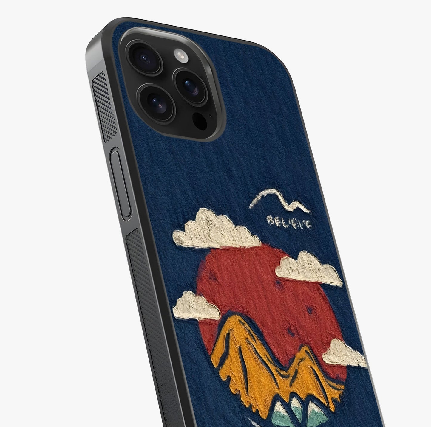 Dream Beyond Mountains Glass Case captured at a warm angle highlighting gloss, texture and premium glass finish.