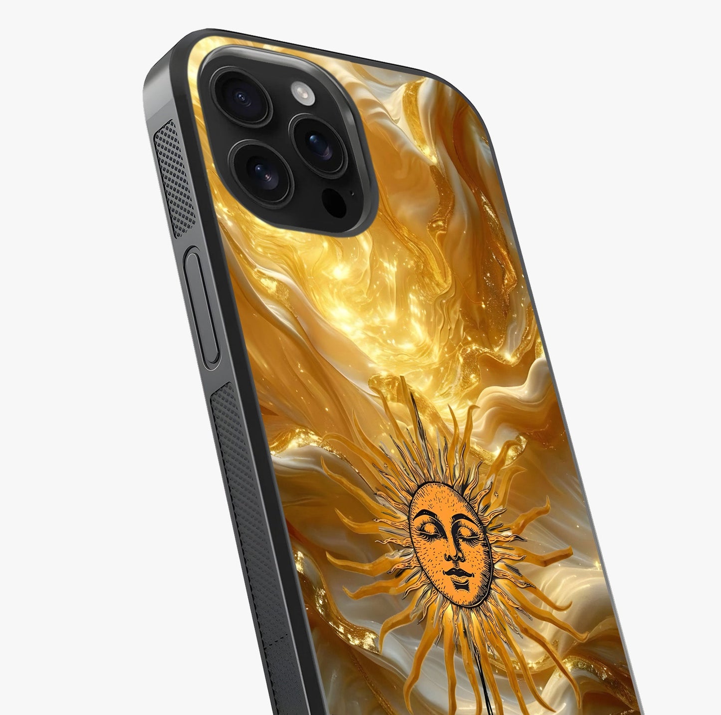 Eternal Golden Glow Glass Case captured at a warm angle highlighting gloss, texture and premium glass finish.