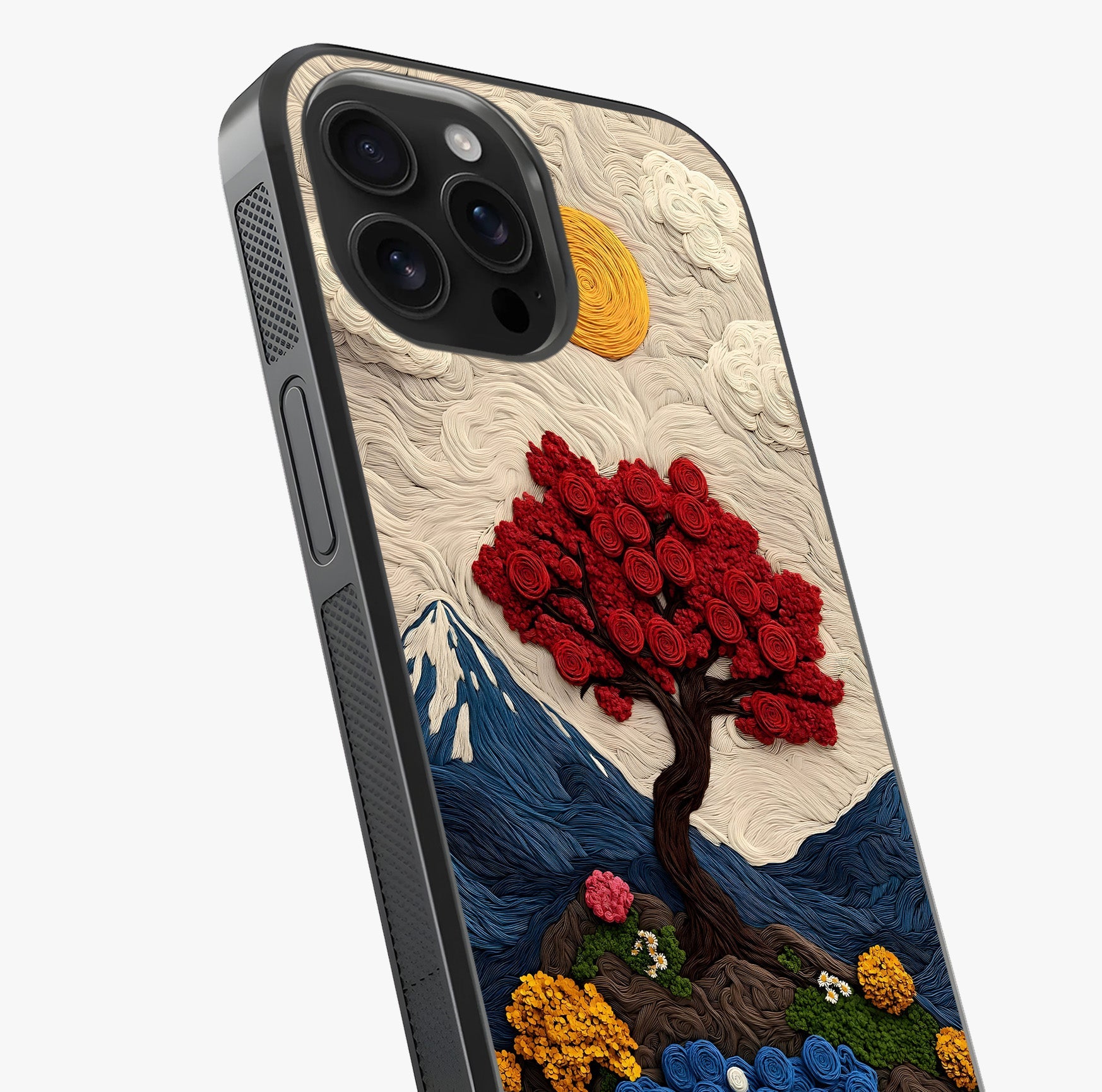 Eternal Nature Tapestry Glass Case captured at a warm angle highlighting gloss, texture and premium glass finish.