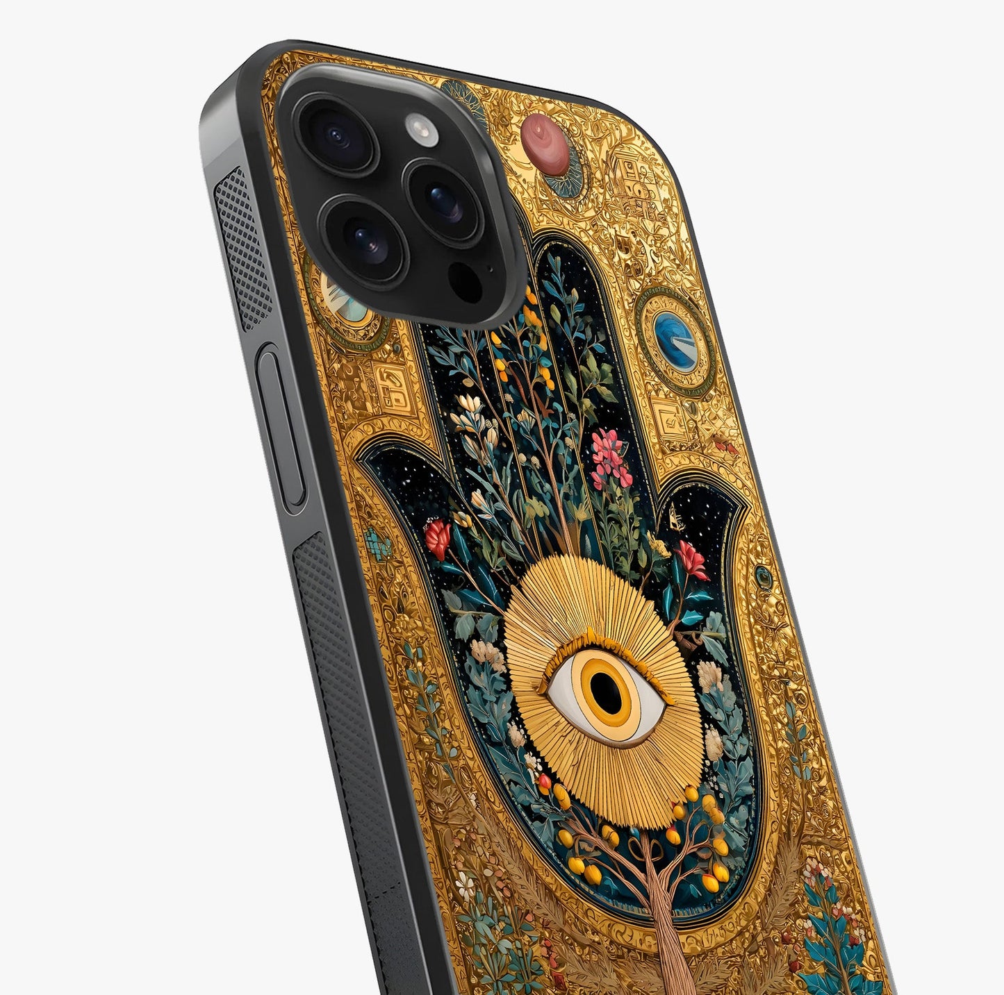 Ethereal Evil Eye Glass Case captured at a warm angle highlighting gloss, texture and premium glass finish.