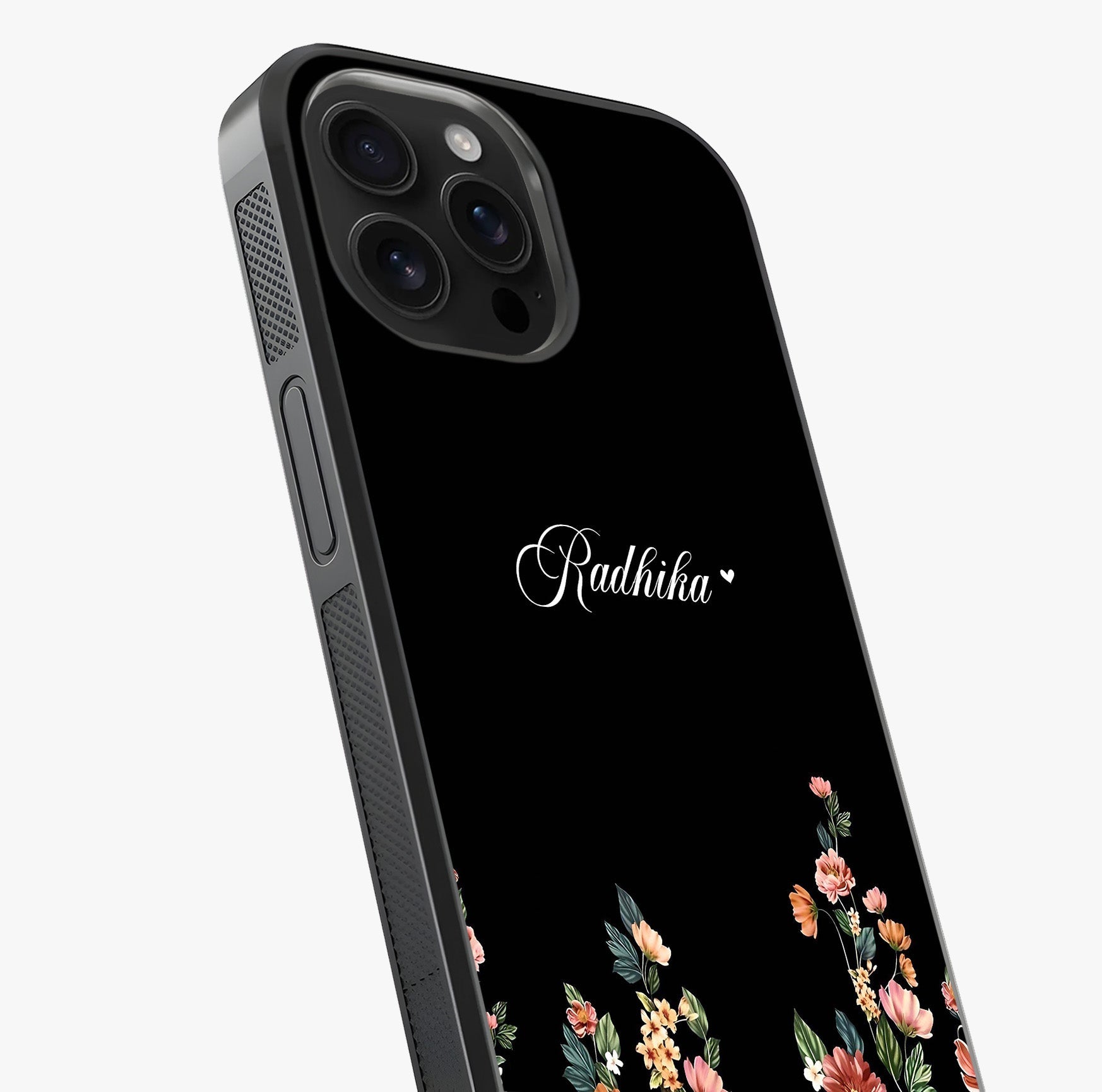 Floral Design With A Custom Personalized Name Glass Case captured at a warm angle highlighting gloss, texture and premium glass finish.