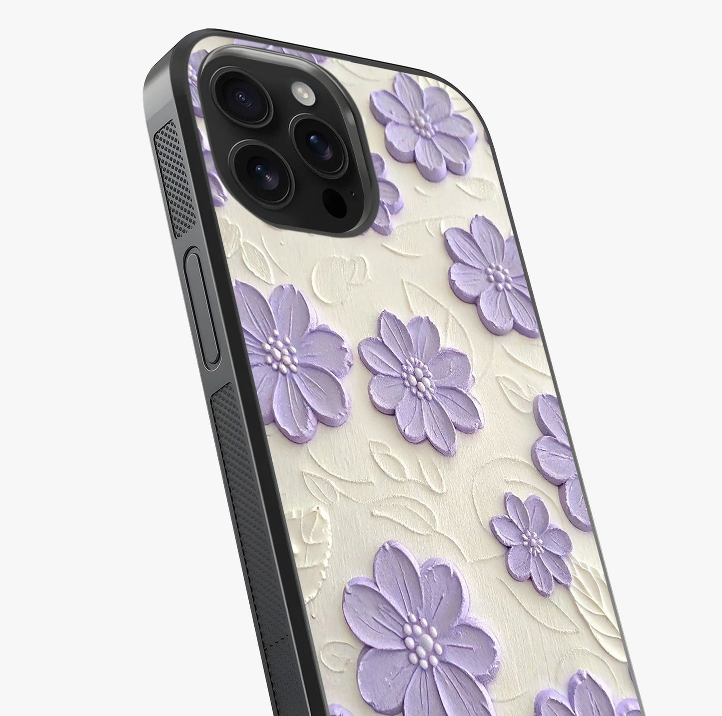 Floral Wall Art With Purple Flowers Glass Case captured at a warm angle highlighting gloss, texture and premium glass finish.