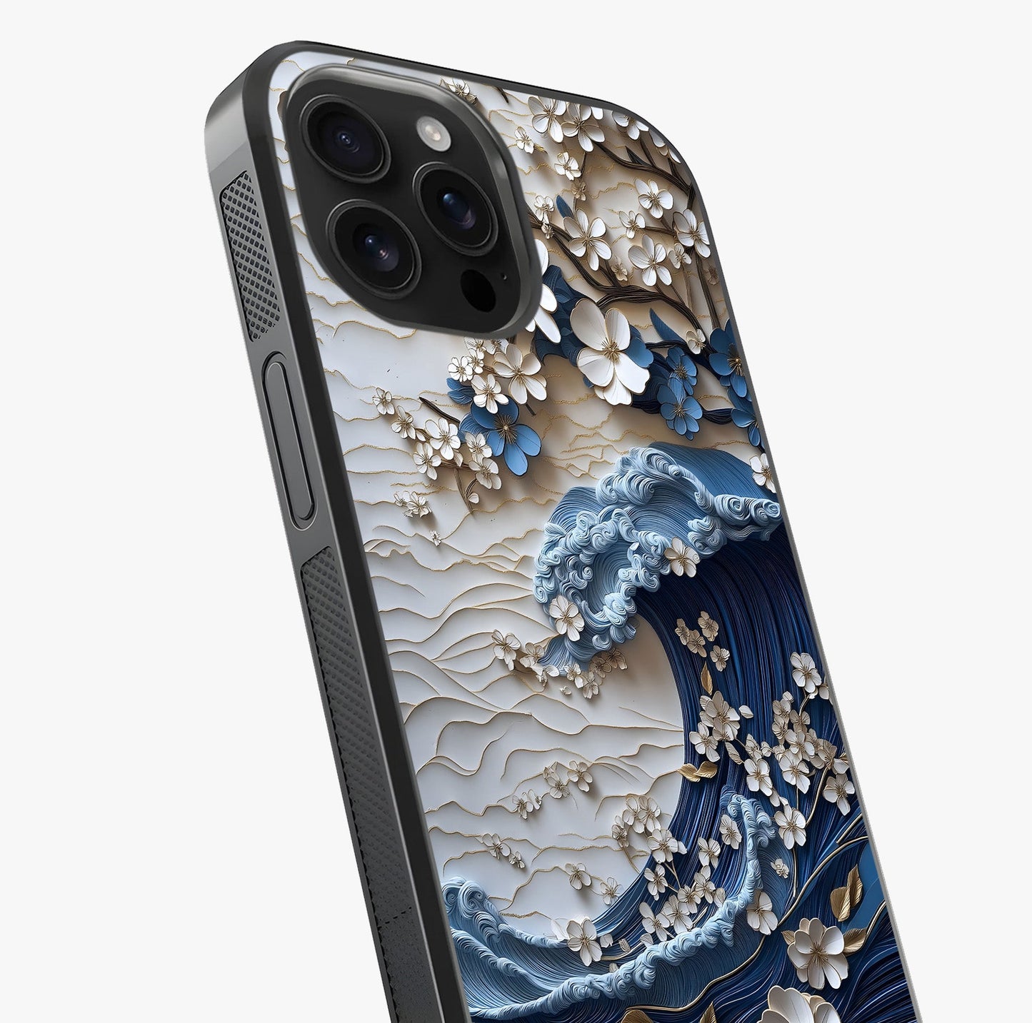 Floral Wave Origami Glass Case captured at a warm angle highlighting gloss, texture and premium glass finish.