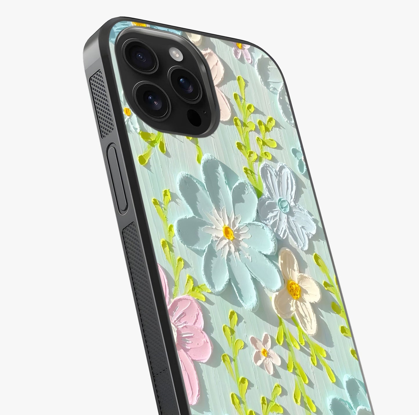 Frosted Petal Garden Glass Case captured at a warm angle highlighting gloss, texture and premium glass finish.