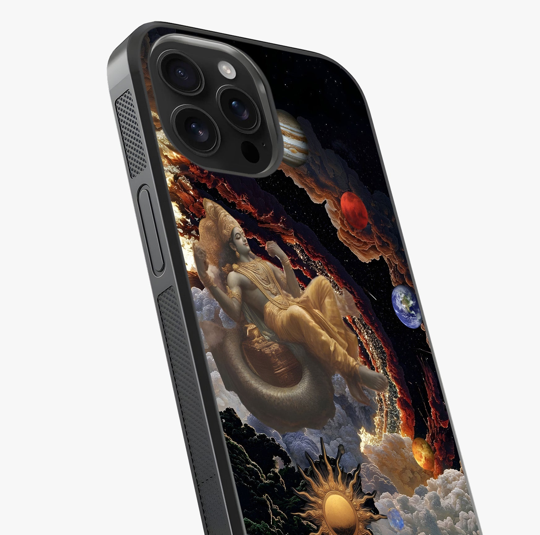 Galactic Divine God Glass Case captured at a warm angle highlighting gloss, texture and premium glass finish.