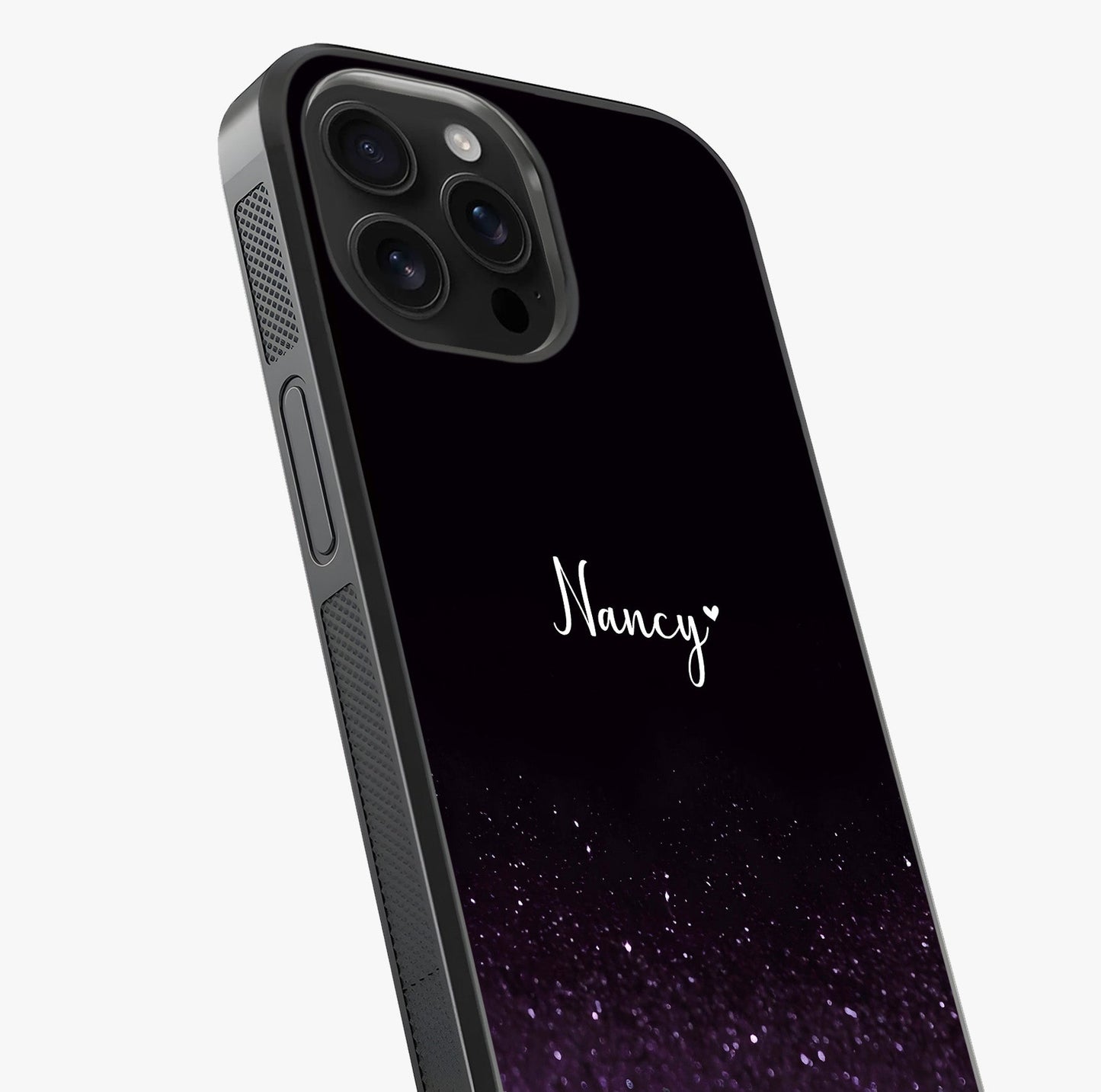 Glittery Purple Bokeh Custom Name Glass Case captured at a warm angle highlighting gloss, texture and premium glass finish.