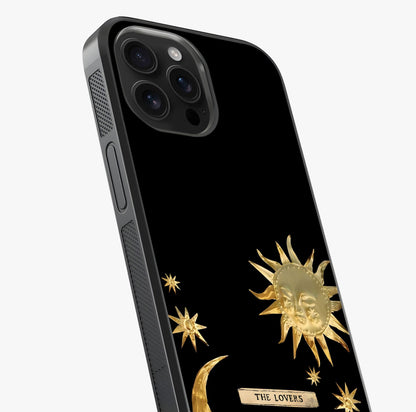 Golden Celestial Charm Glass Case captured at a warm angle highlighting gloss, texture and premium glass finish.