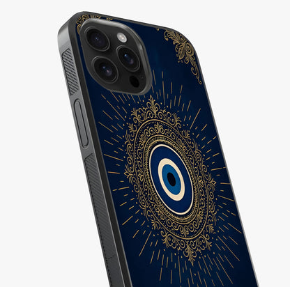 Golden Evil Eye Mandala Glass Case captured at a warm angle highlighting gloss, texture and premium glass finish.