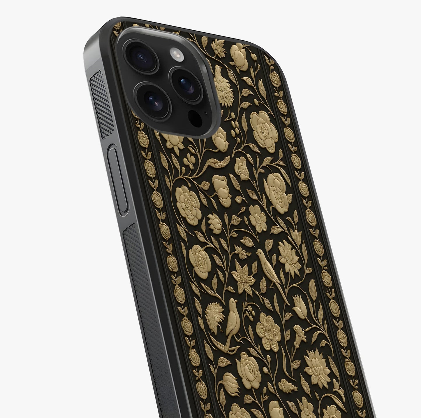 Golden Floral Majesty Glass Case captured at a warm angle highlighting gloss, texture and premium glass finish.