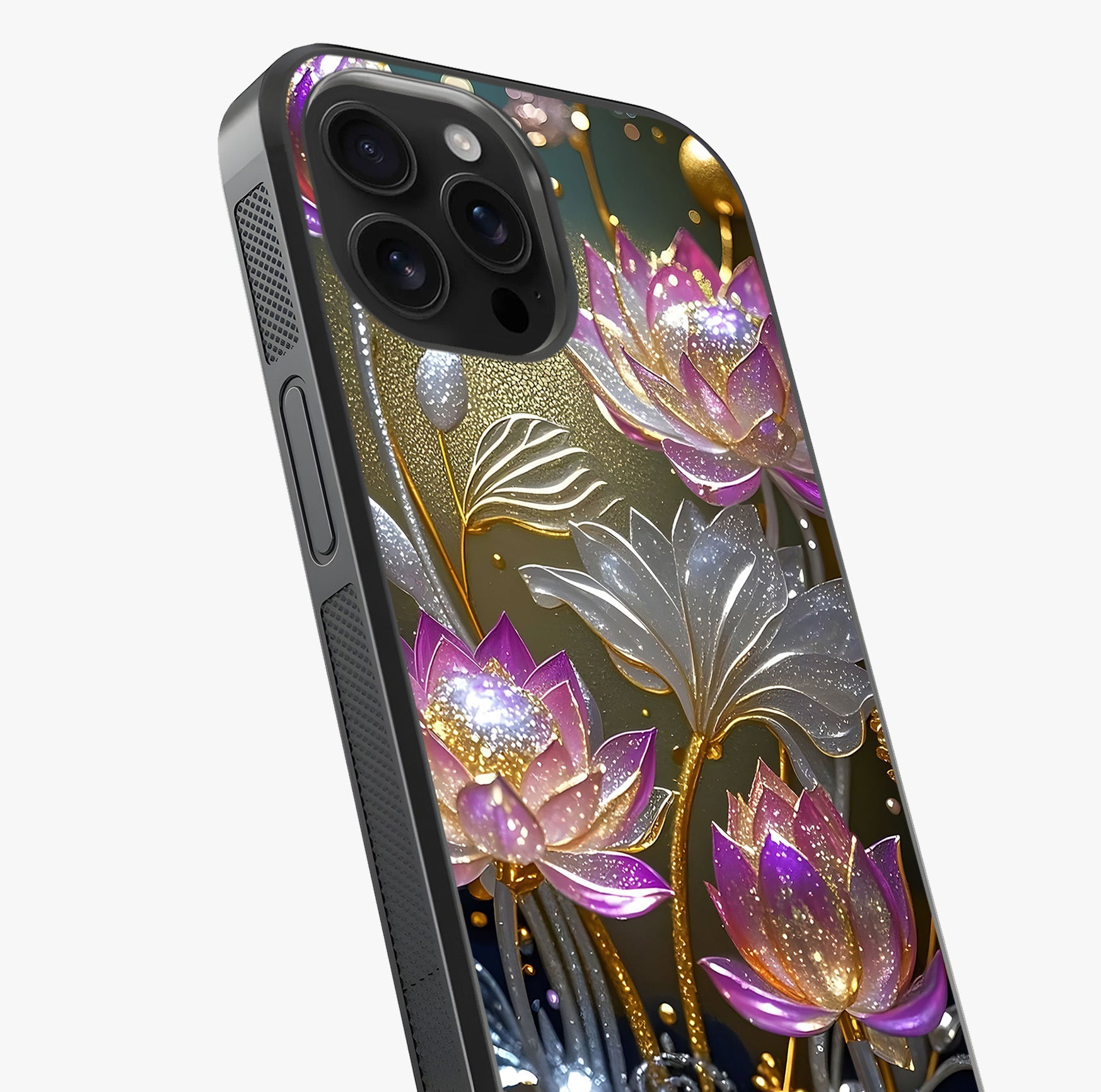 Golden Lotus Glow Glass Case captured at a warm angle highlighting gloss, texture and premium glass finish.
