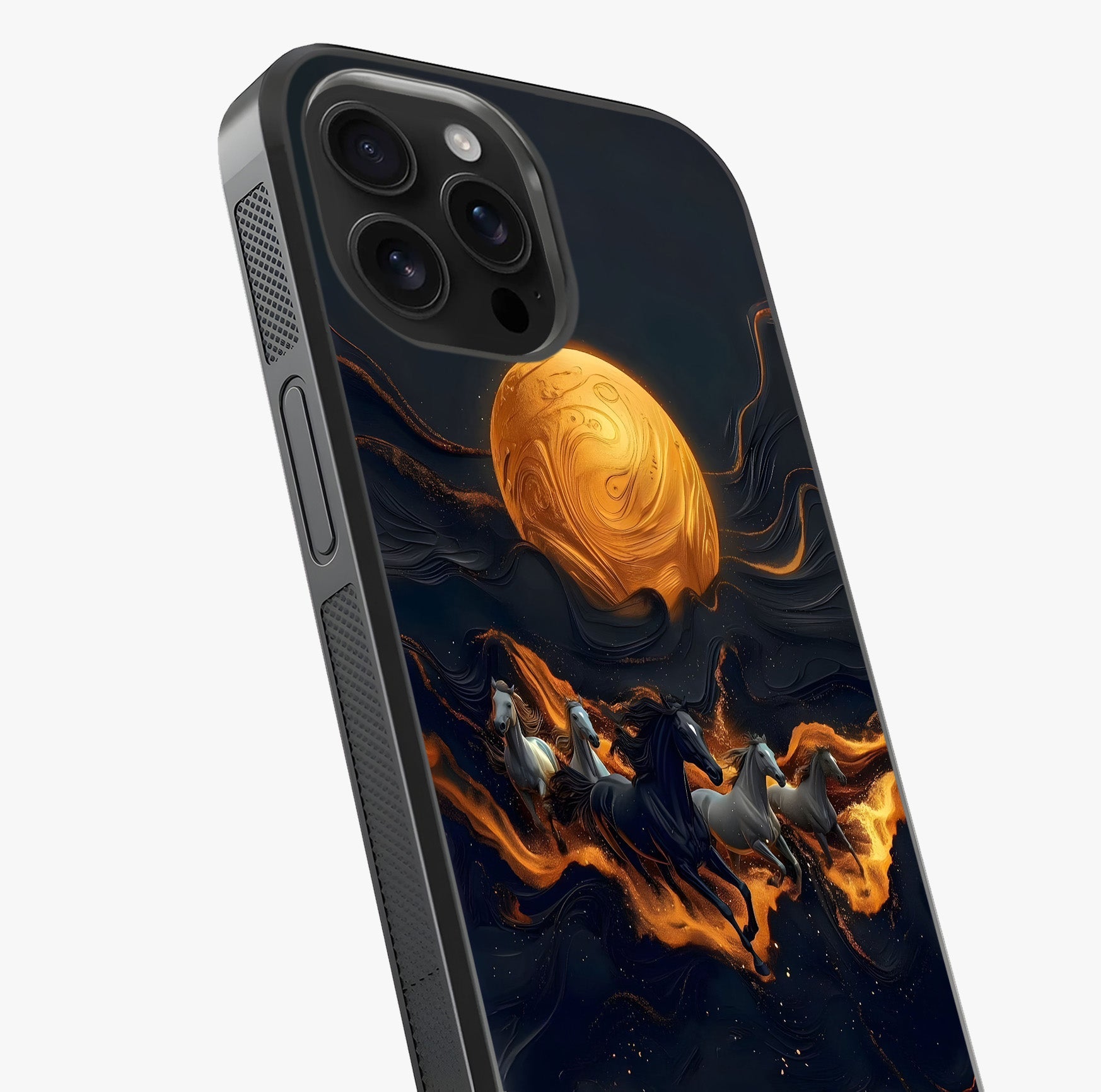 Golden Stallion Moonride Glass Case captured at a warm angle highlighting gloss, texture and premium glass finish.