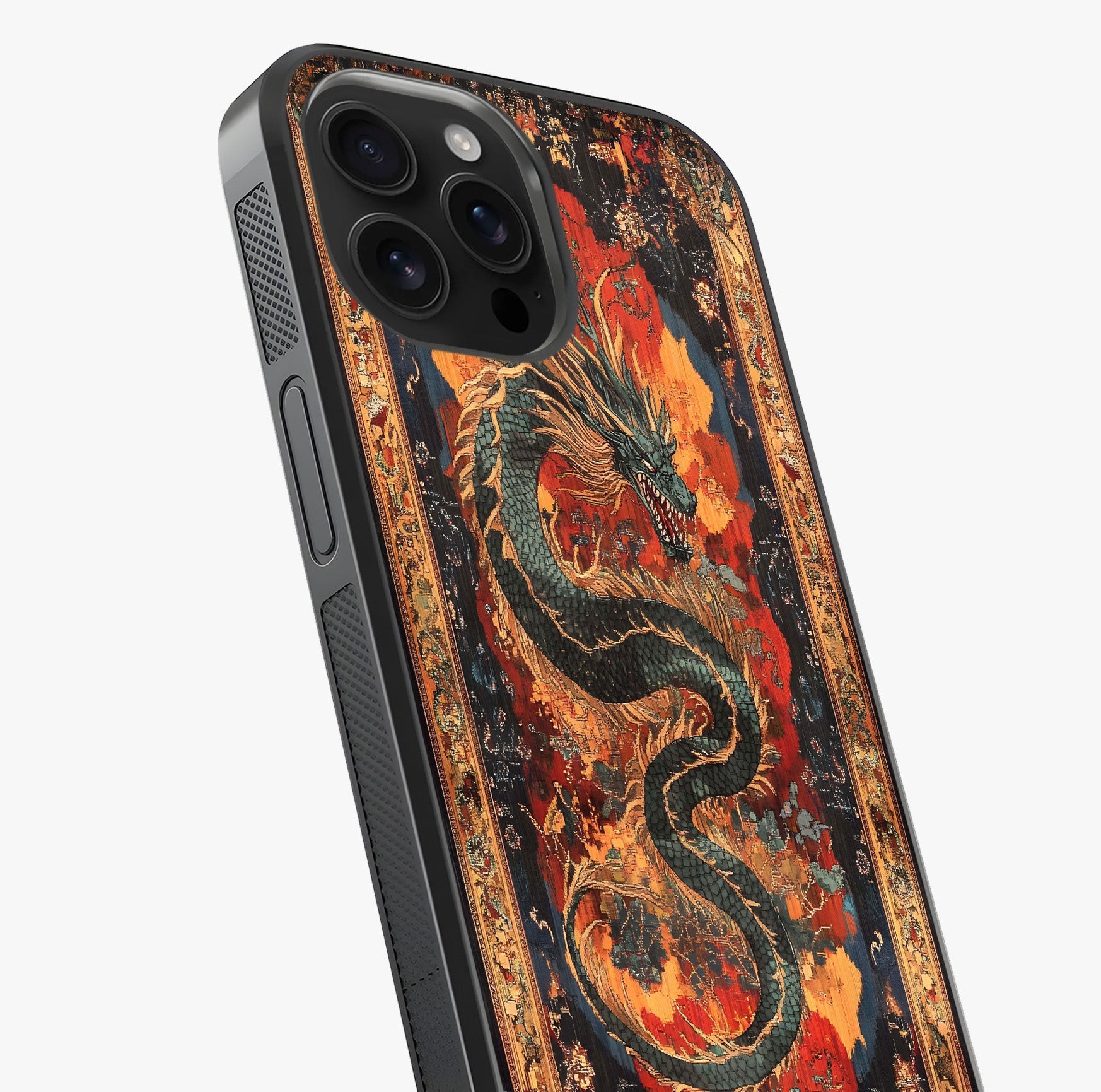 Inferno Dragon Soul Glass Case captured at a warm angle highlighting gloss, texture and premium glass finish.