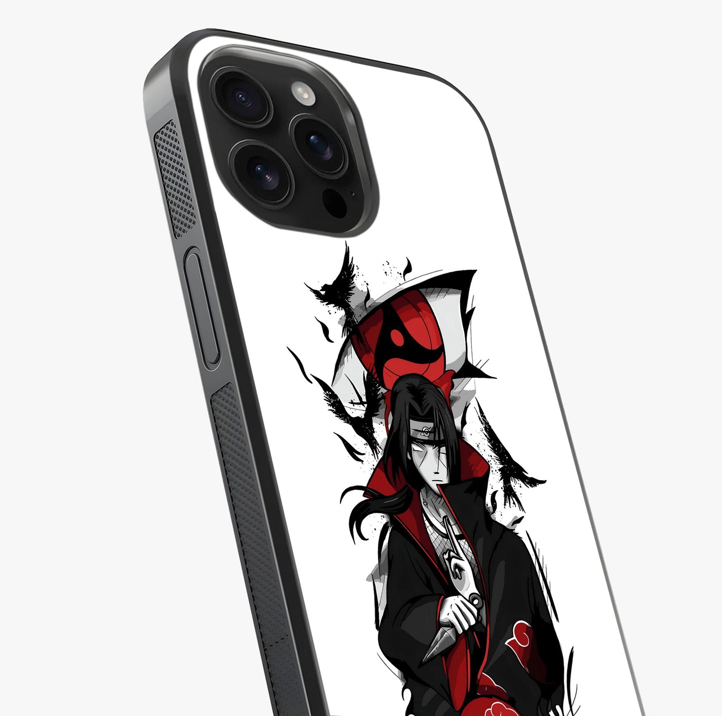 Itachi Sharingan Glass Case captured at a warm angle highlighting gloss, texture and premium glass finish.