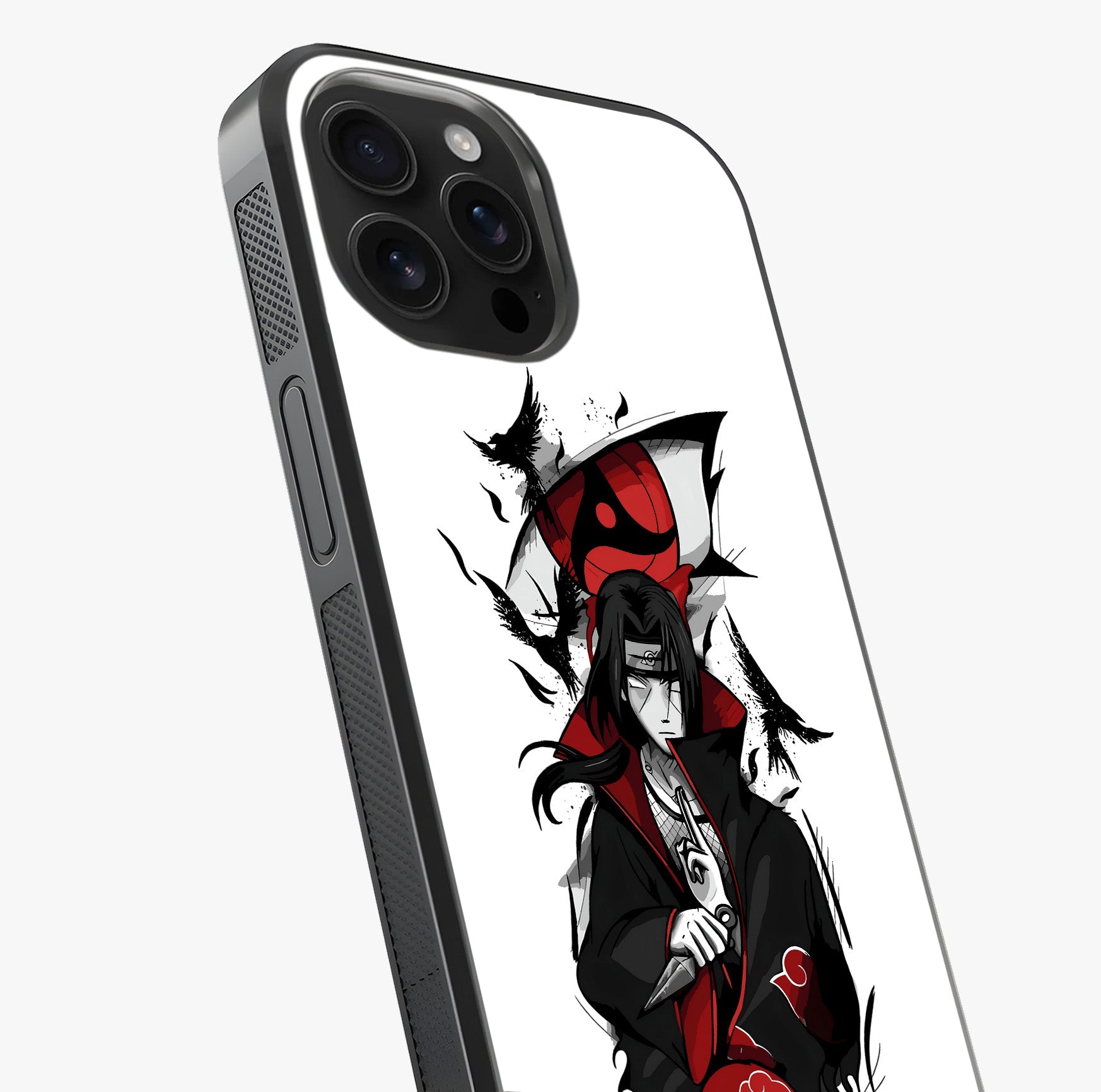 Itachi Sharingan Glass Case captured at a warm angle highlighting gloss, texture and premium glass finish.