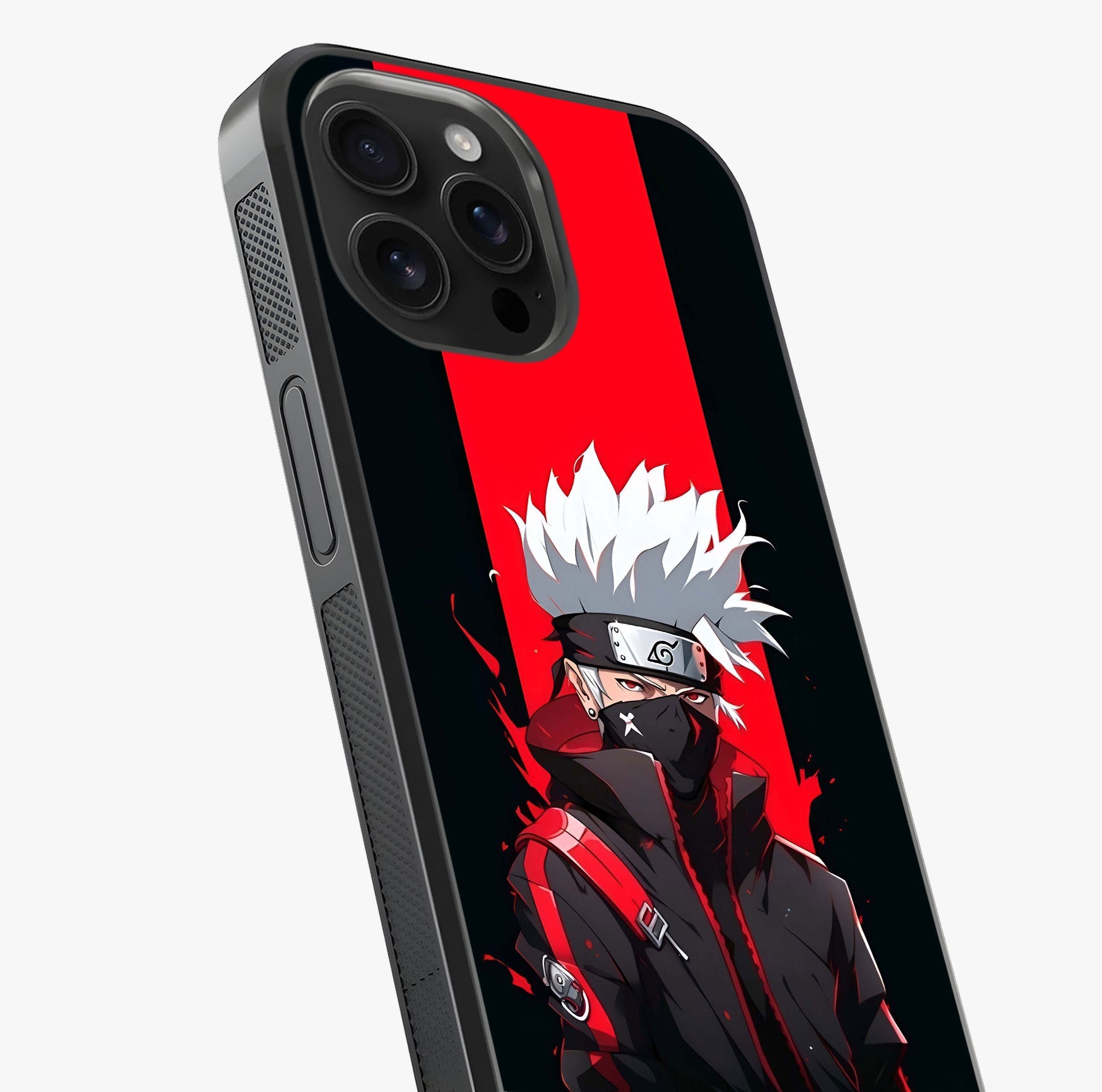 Kakashi Scarlet Shadow Glass Case captured at a warm angle highlighting gloss, texture and premium glass finish.