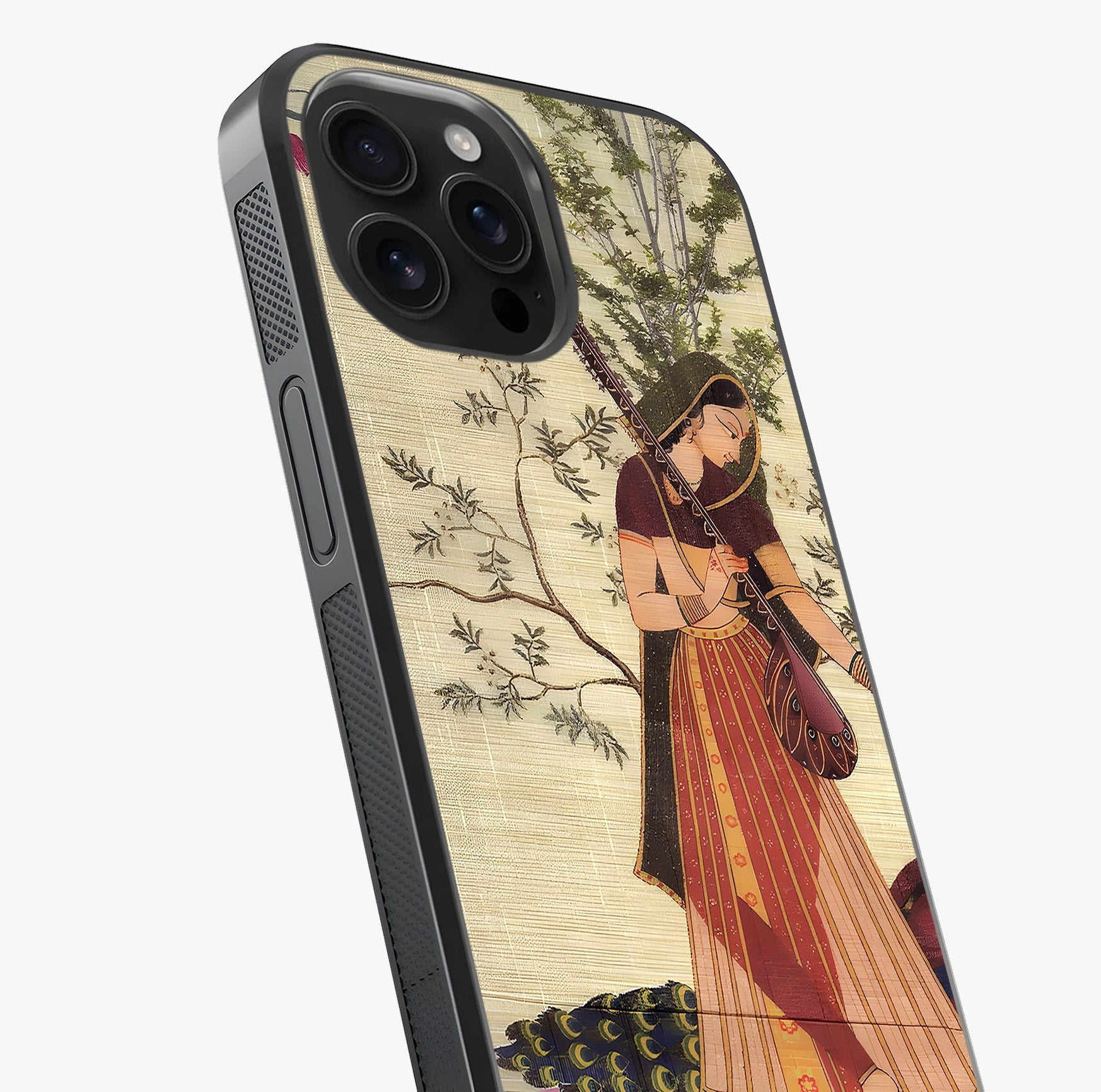 Lady With Veena Art Glass Case captured at a warm angle highlighting gloss, texture and premium glass finish.