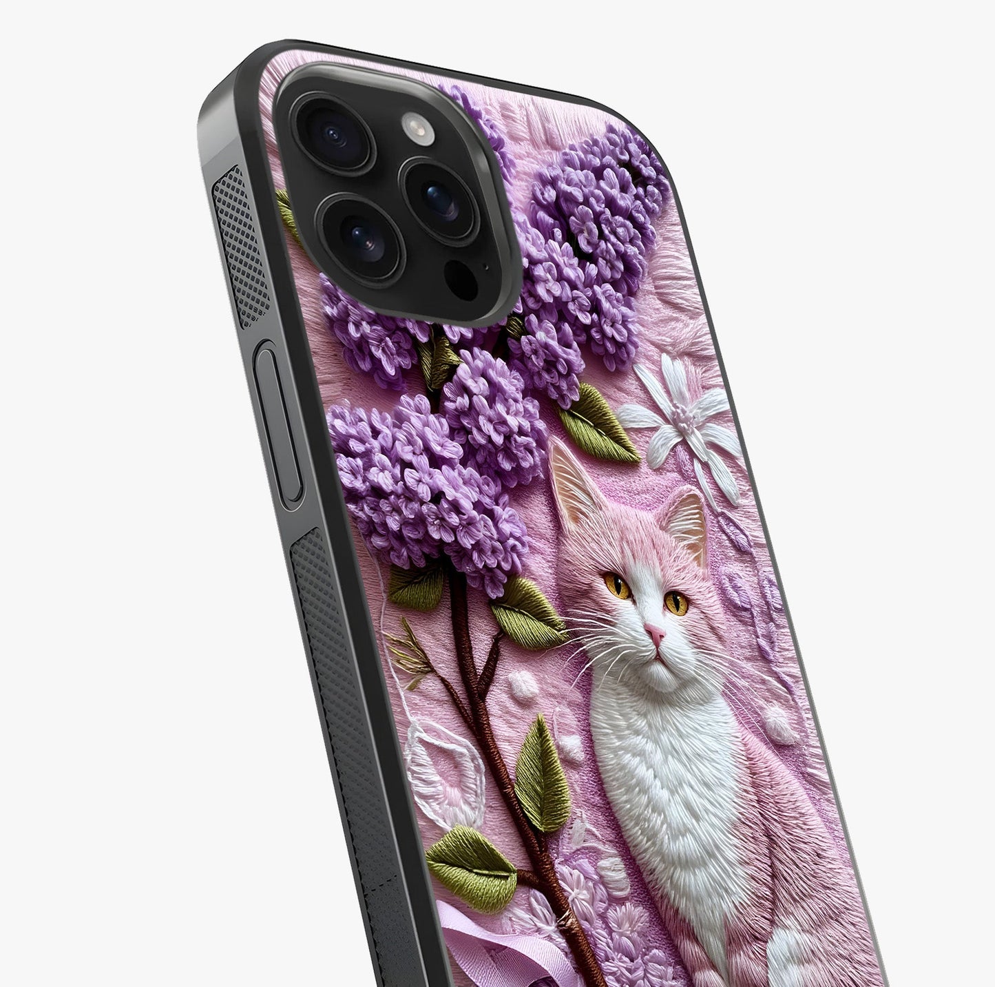 Lavender Cat Whimsy Glass Case captured at a warm angle highlighting gloss, texture and premium glass finish.