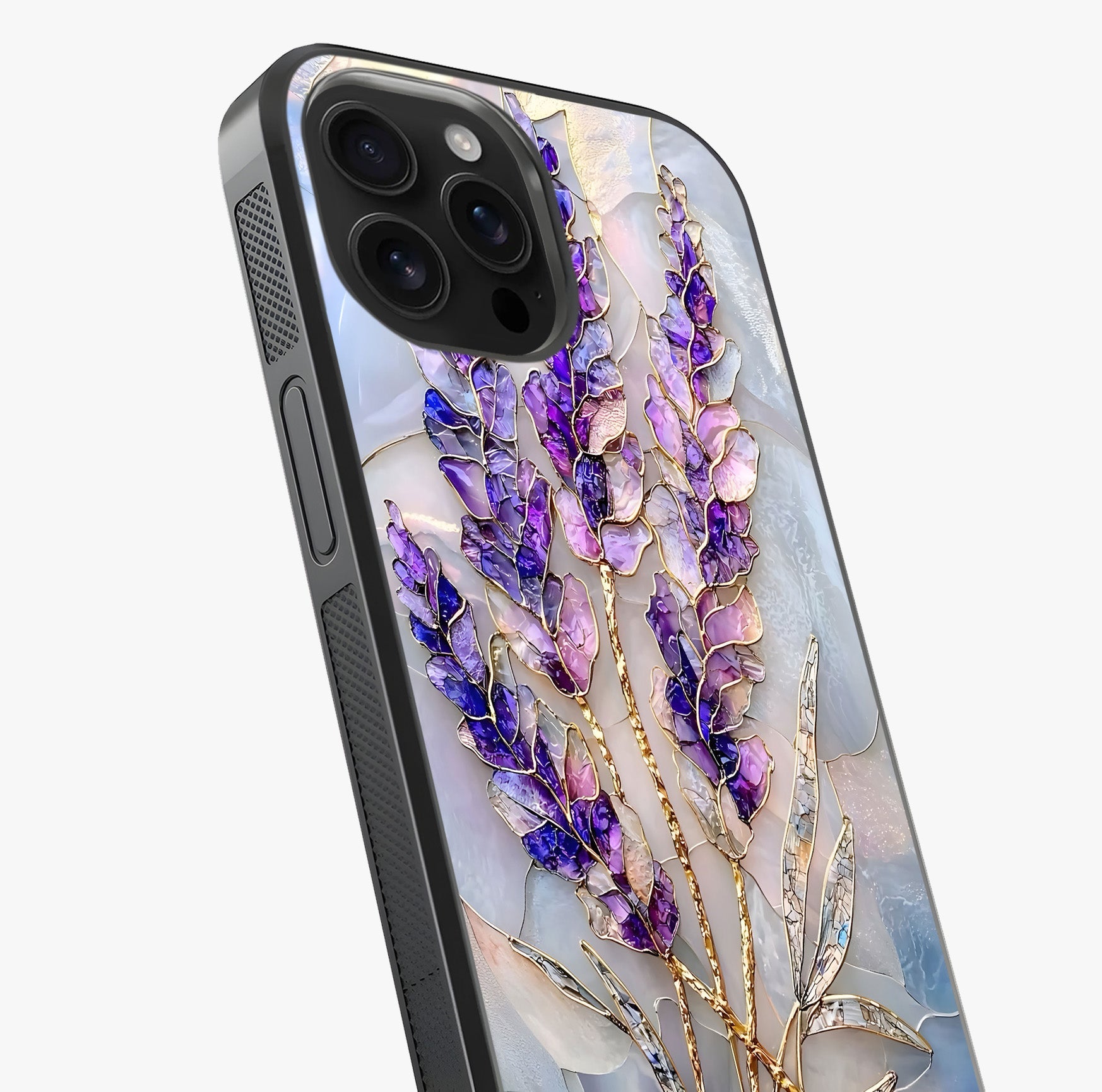 Lavender Dream Glow Glass Case captured at a warm angle highlighting gloss, texture and premium glass finish.