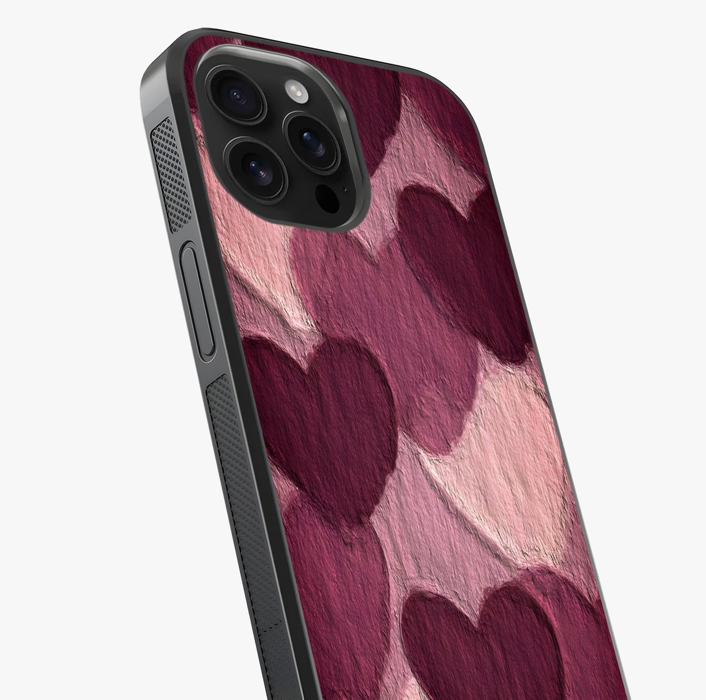Layered Paper Hearts Glass Case captured at a warm angle highlighting gloss, texture and premium glass finish.