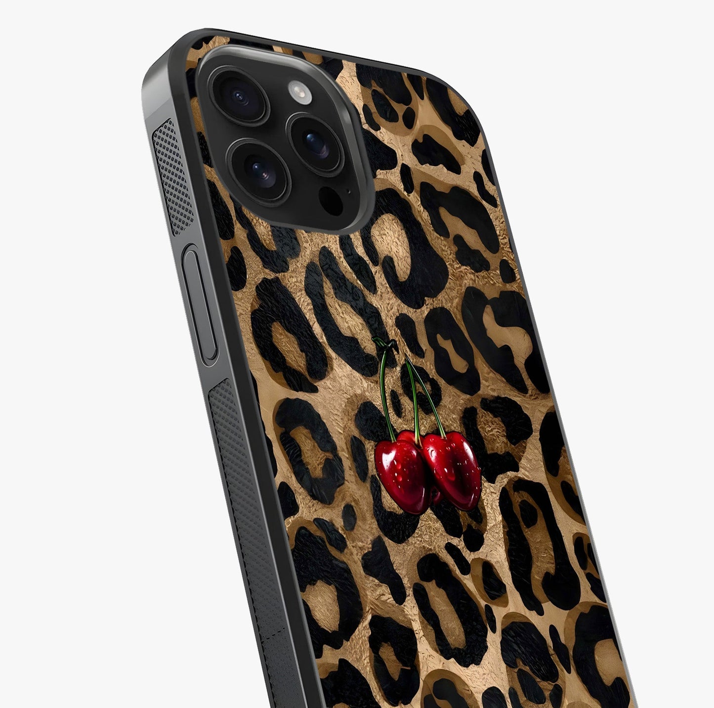 Leopard Wild Cherry Glass Case captured at a warm angle highlighting gloss, texture and premium glass finish.