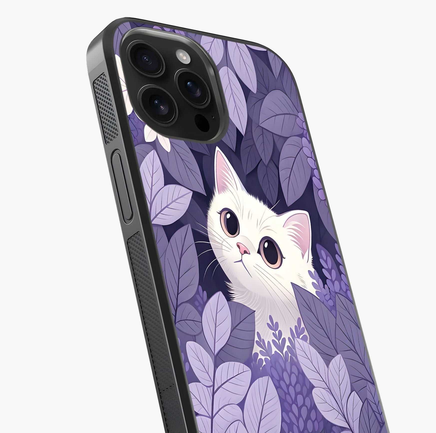 Lilac Hide Peek Cat Glass Case captured at a warm angle highlighting gloss, texture and premium glass finish.