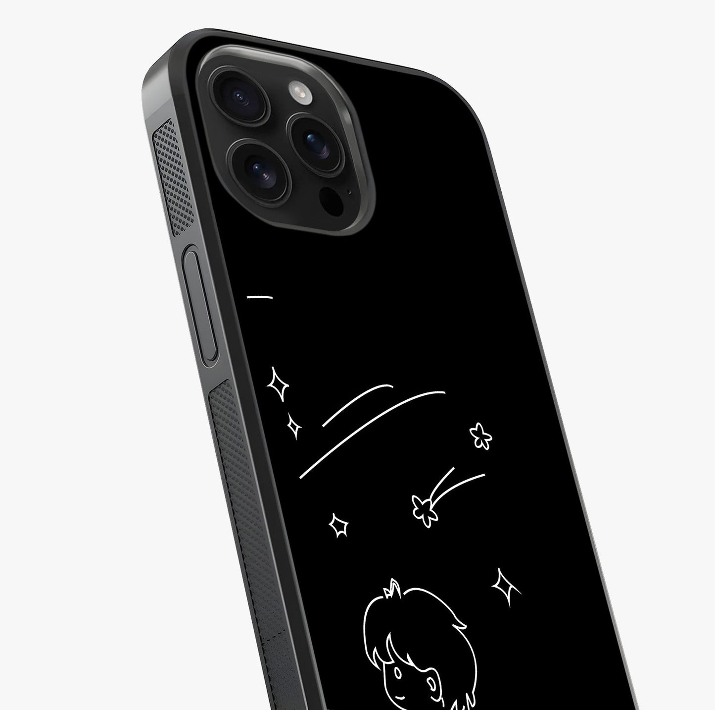 Line Art Boy With Shooting Stars Glass Case captured at a warm angle highlighting gloss, texture and premium glass finish.