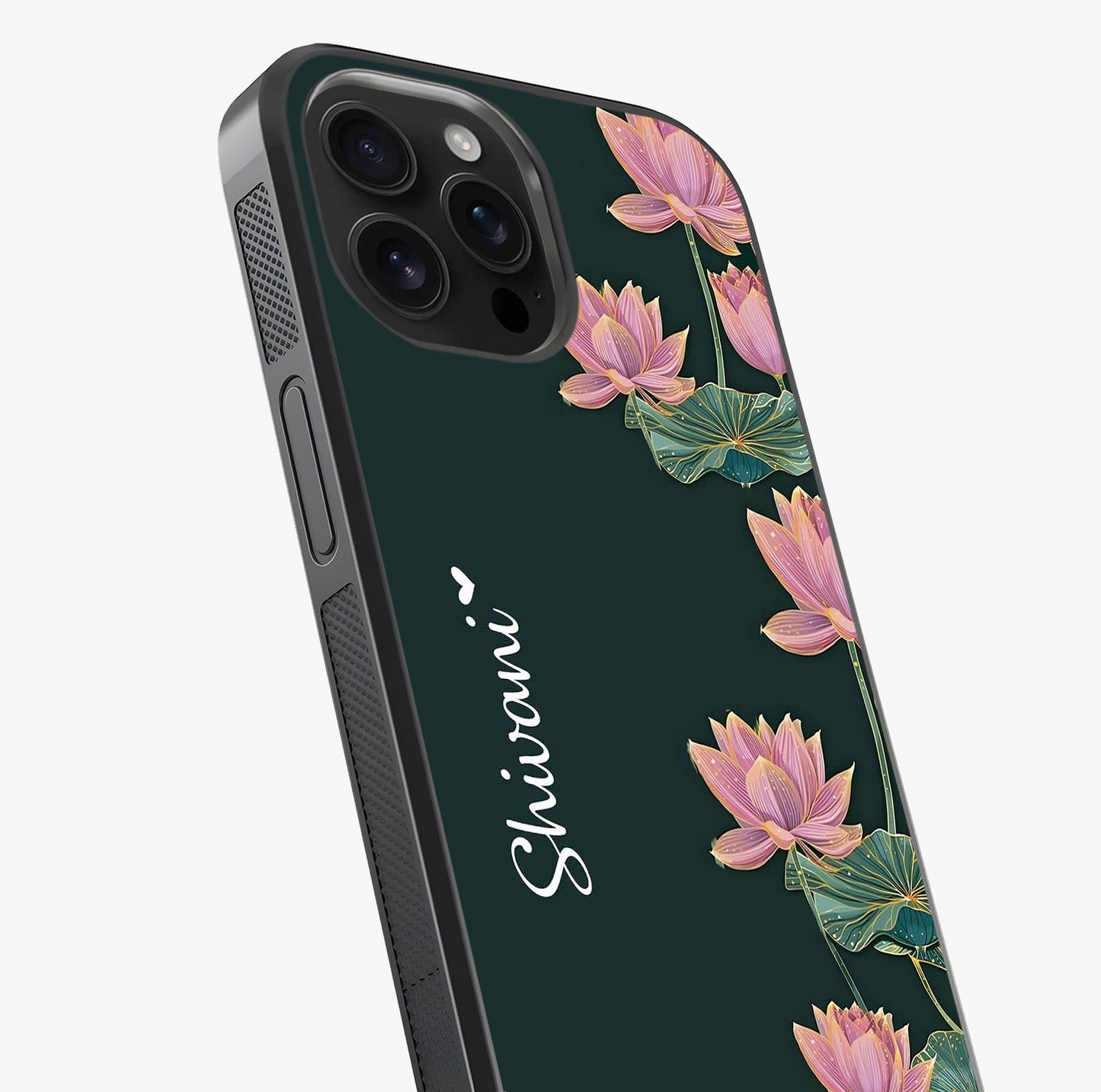 Lotus Bloom Serenity Custom Name Glass Case captured at a warm angle highlighting gloss, texture and premium glass finish.