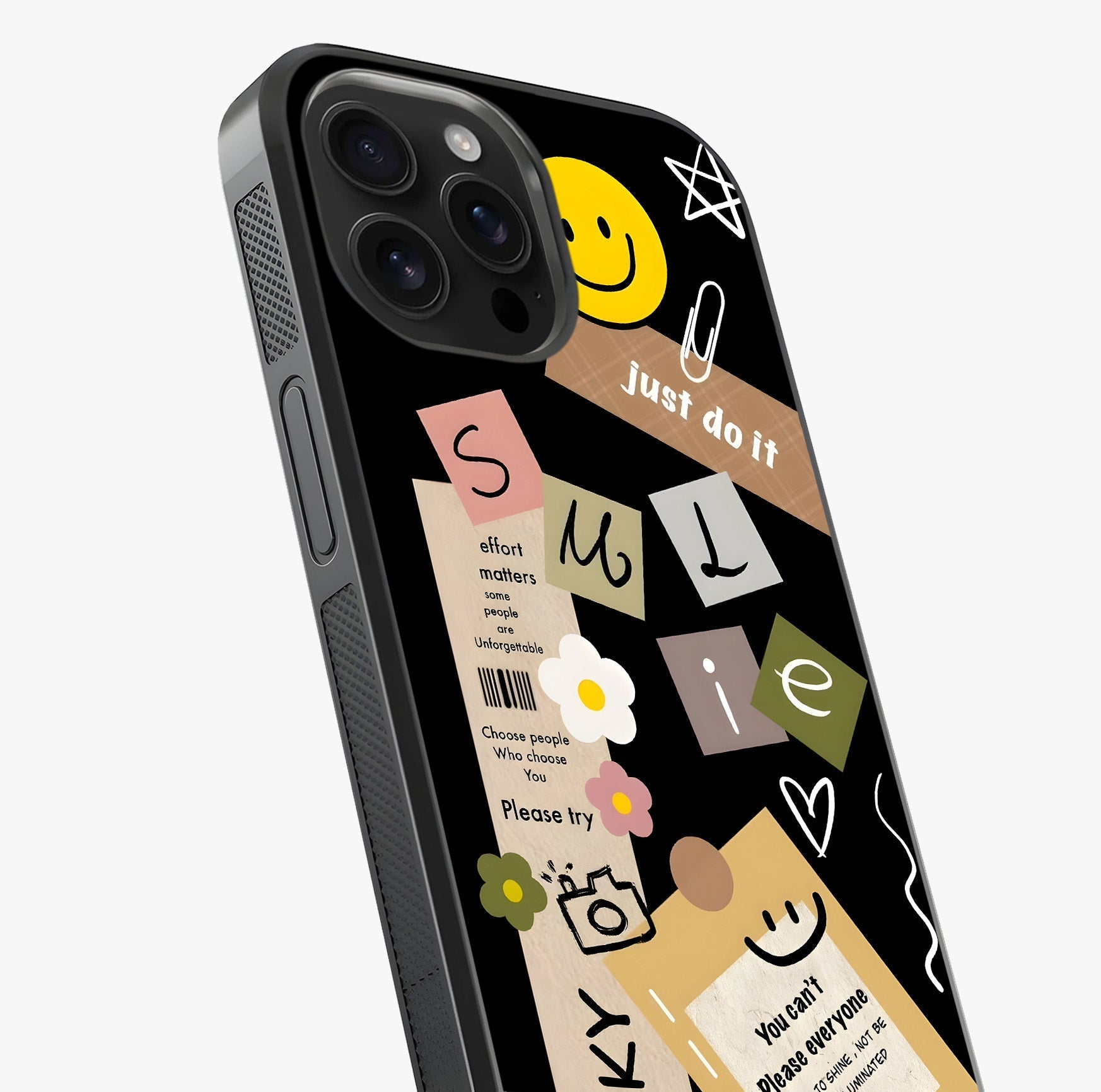 Lucky Aesthetic Collage Glass Case captured at a warm angle highlighting gloss, texture and premium glass finish.