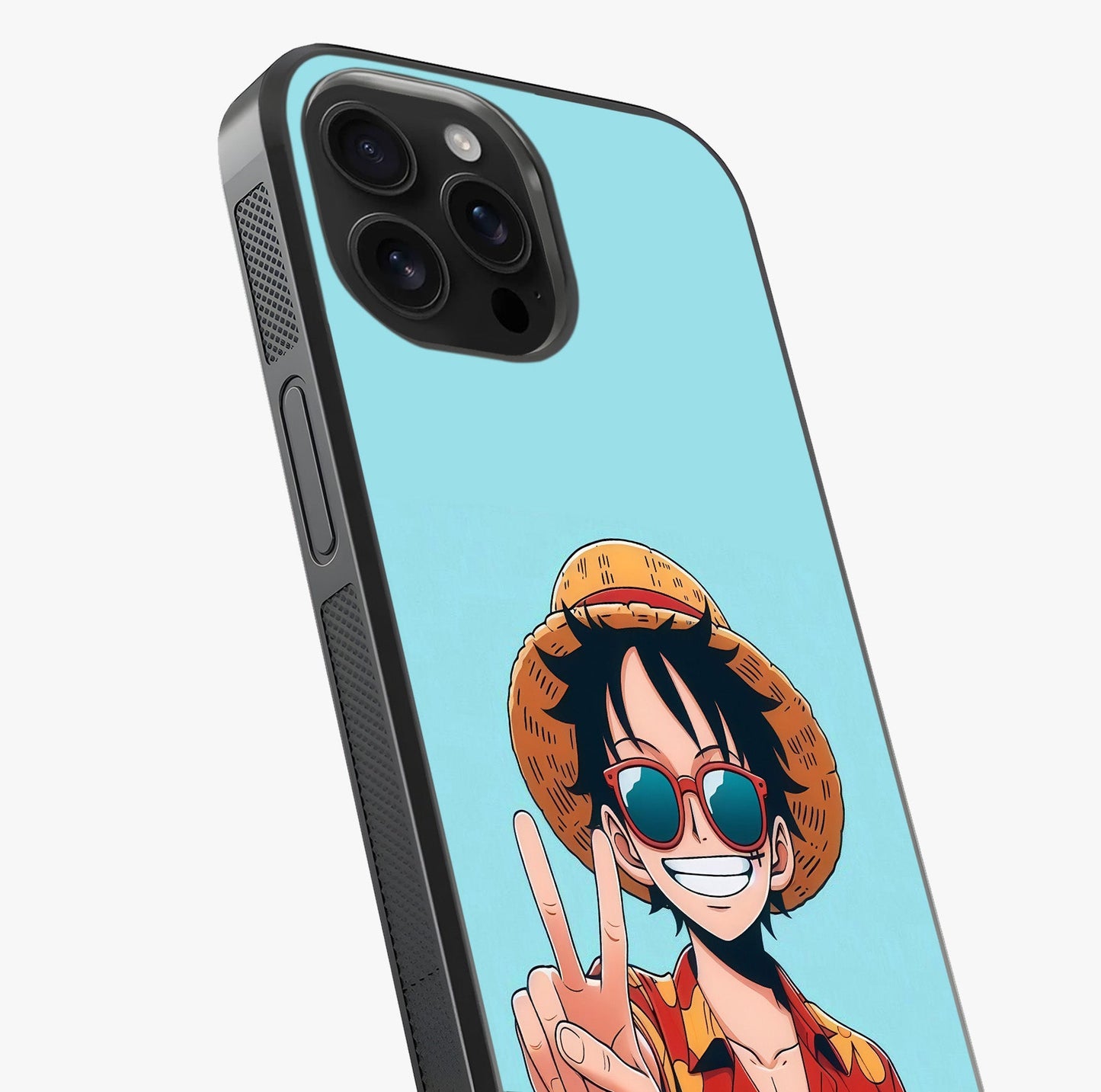 Luffy Summer Anime Vibe Glass Case captured at a warm angle highlighting gloss, texture and premium glass finish.