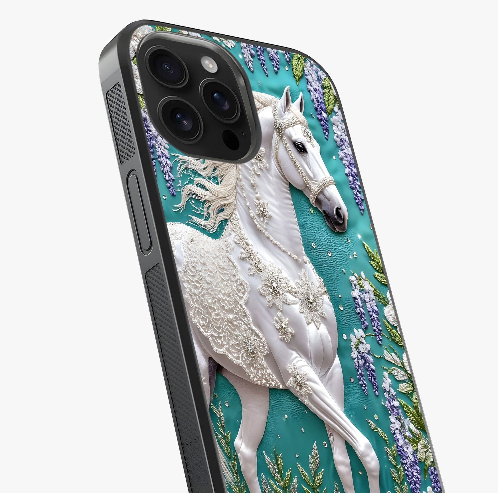 Majestic Floral Stallion Glass Case captured at a warm angle highlighting gloss, texture and premium glass finish.
